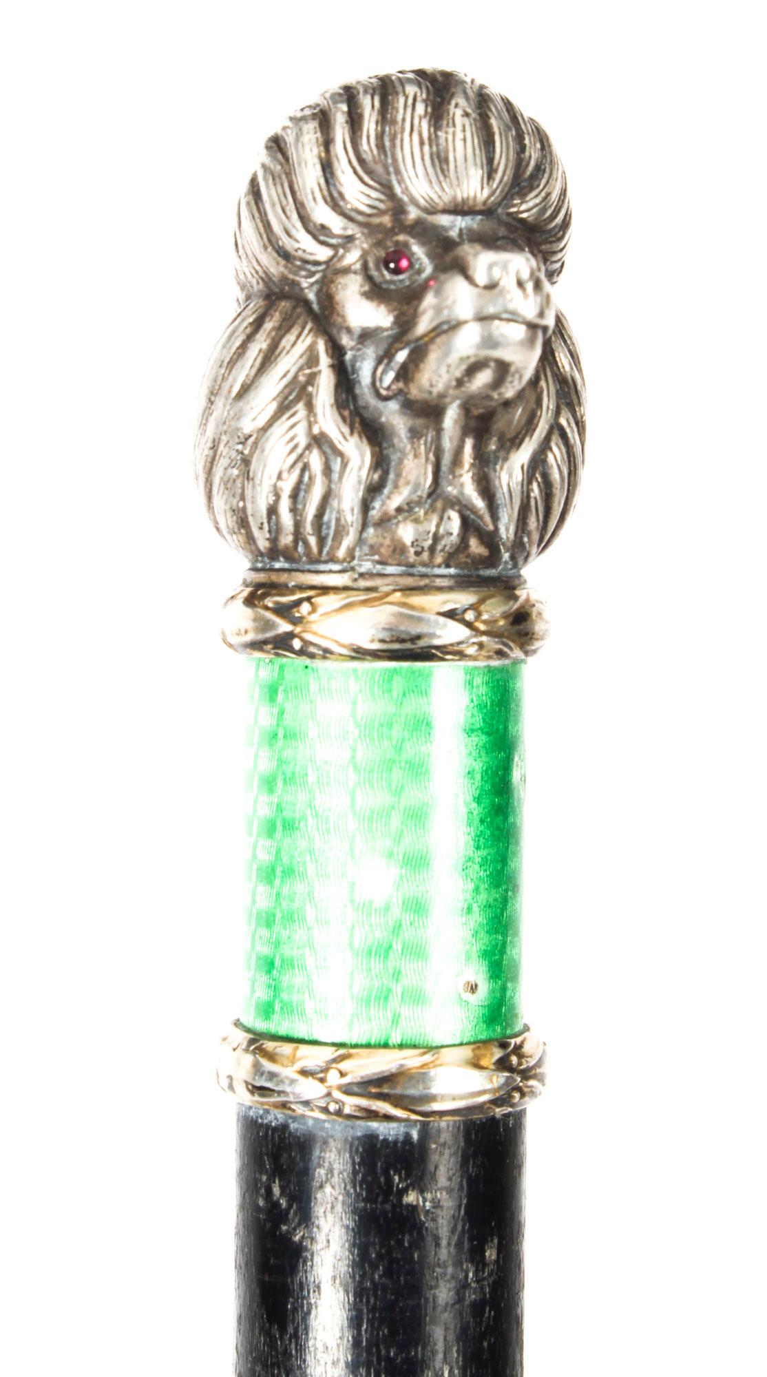 This beautiful antique Russian silver and enamel mounted walking stick is circa 1880 in date.

It features a decorative handle in the form of a poodle dog's head, with glass eyes above laurel leaf borders and a stunning band of green guilloche