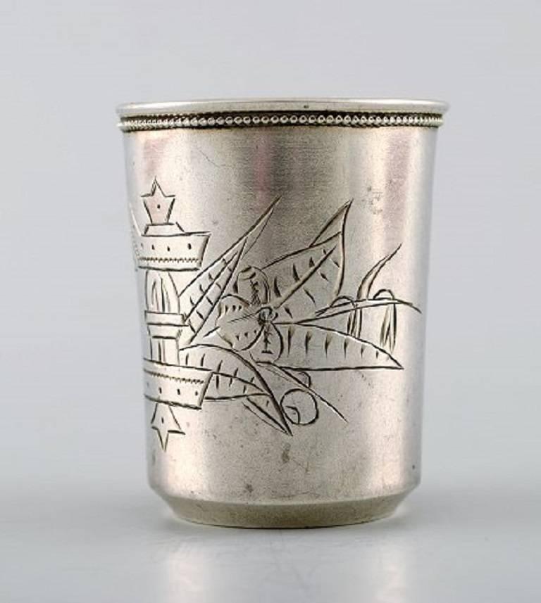 Antique Russian silver cup.
Stamped: 'A.C' for Alexander Vladislavovich Skovronsky, 1892, 
84 (84%) town mark for Moscow.
Measures: 5.5 cm. x 4.2 cm.
In very good condition.
