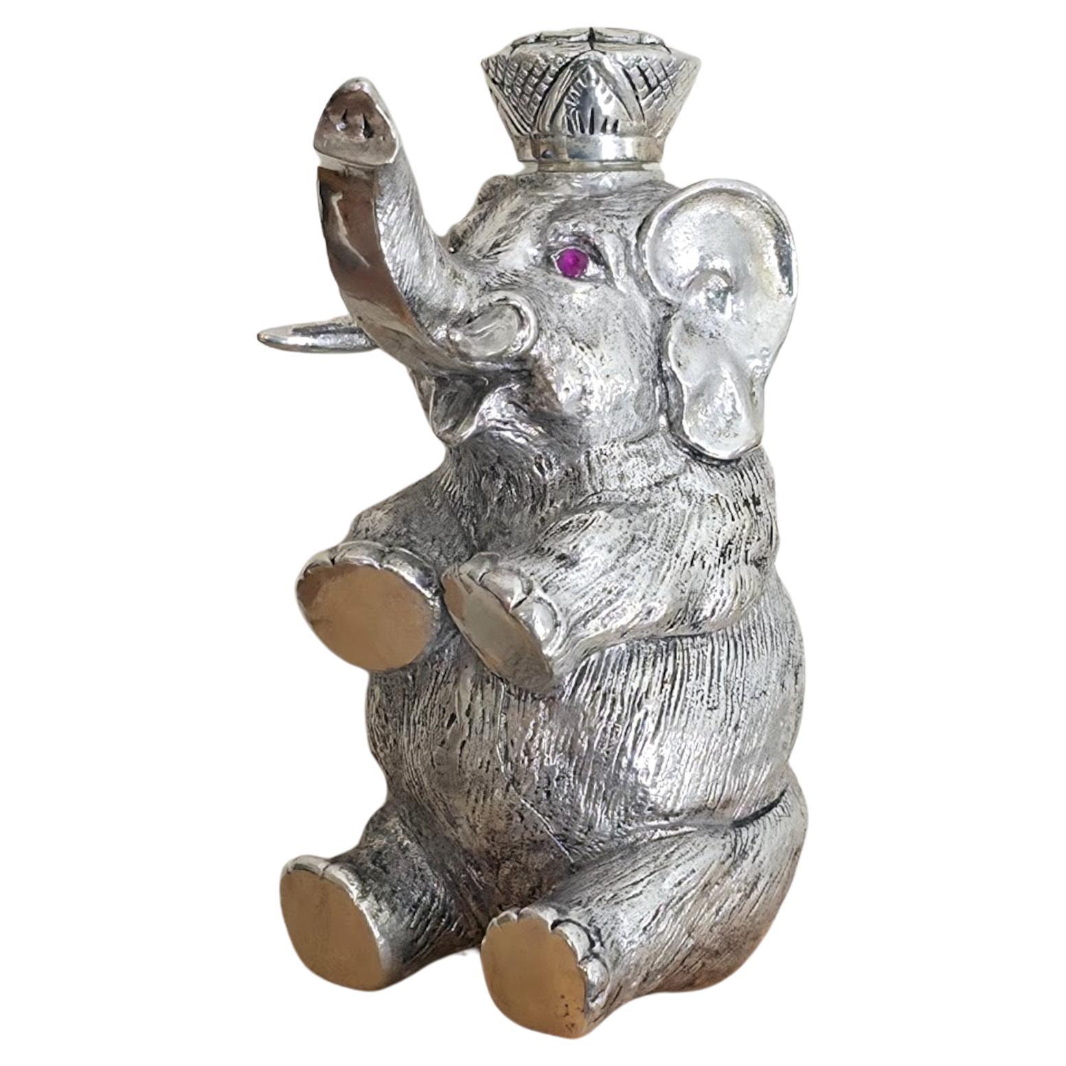 Antique Russian Silver Elephant Figurine with Ruby Eyes, Silver Perfume Bottle For Sale