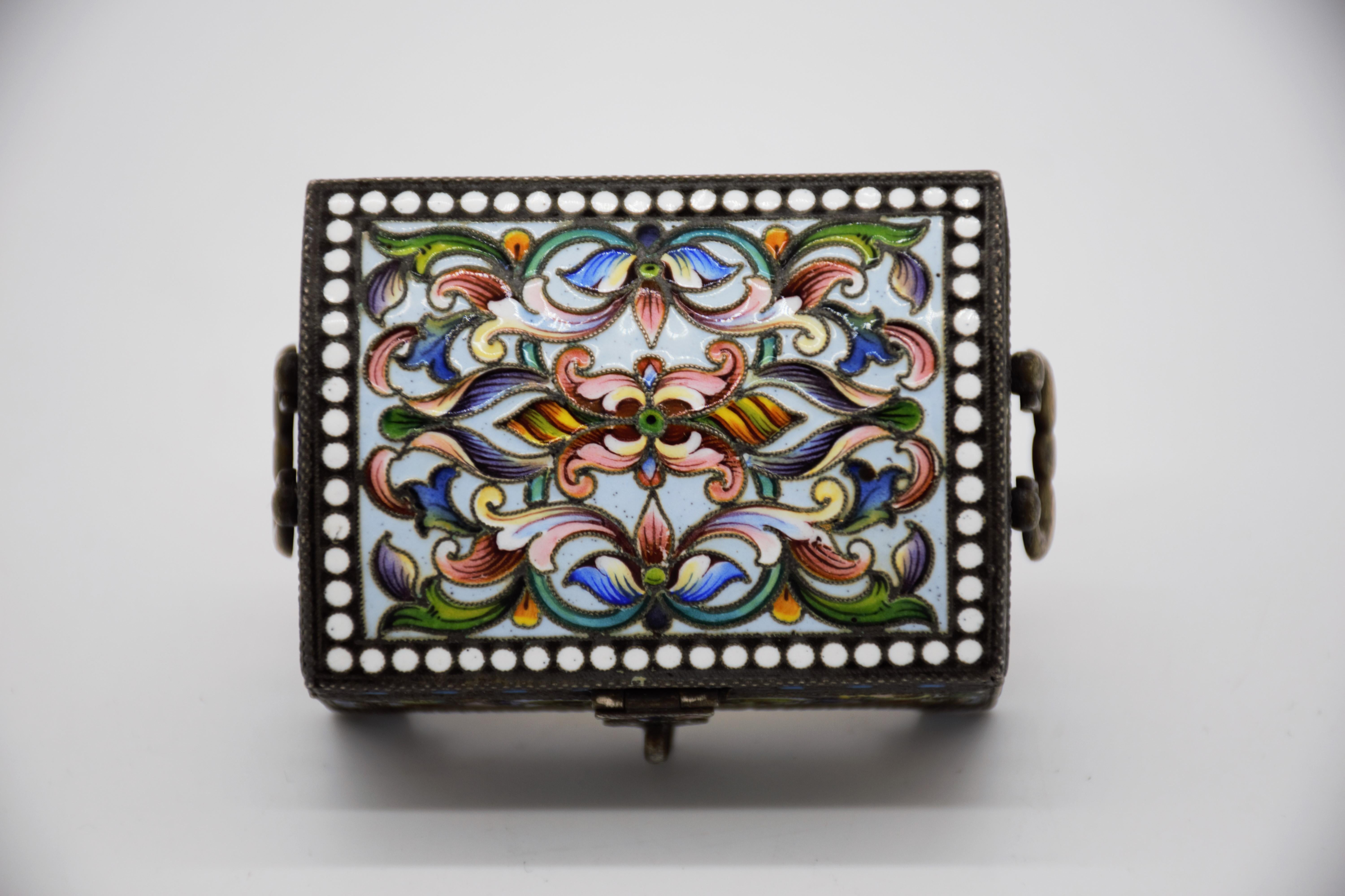 Neoclassical Antique Russian Silver Enamel chest shaped box, by Maria Semenova, Moscow ca1900 For Sale