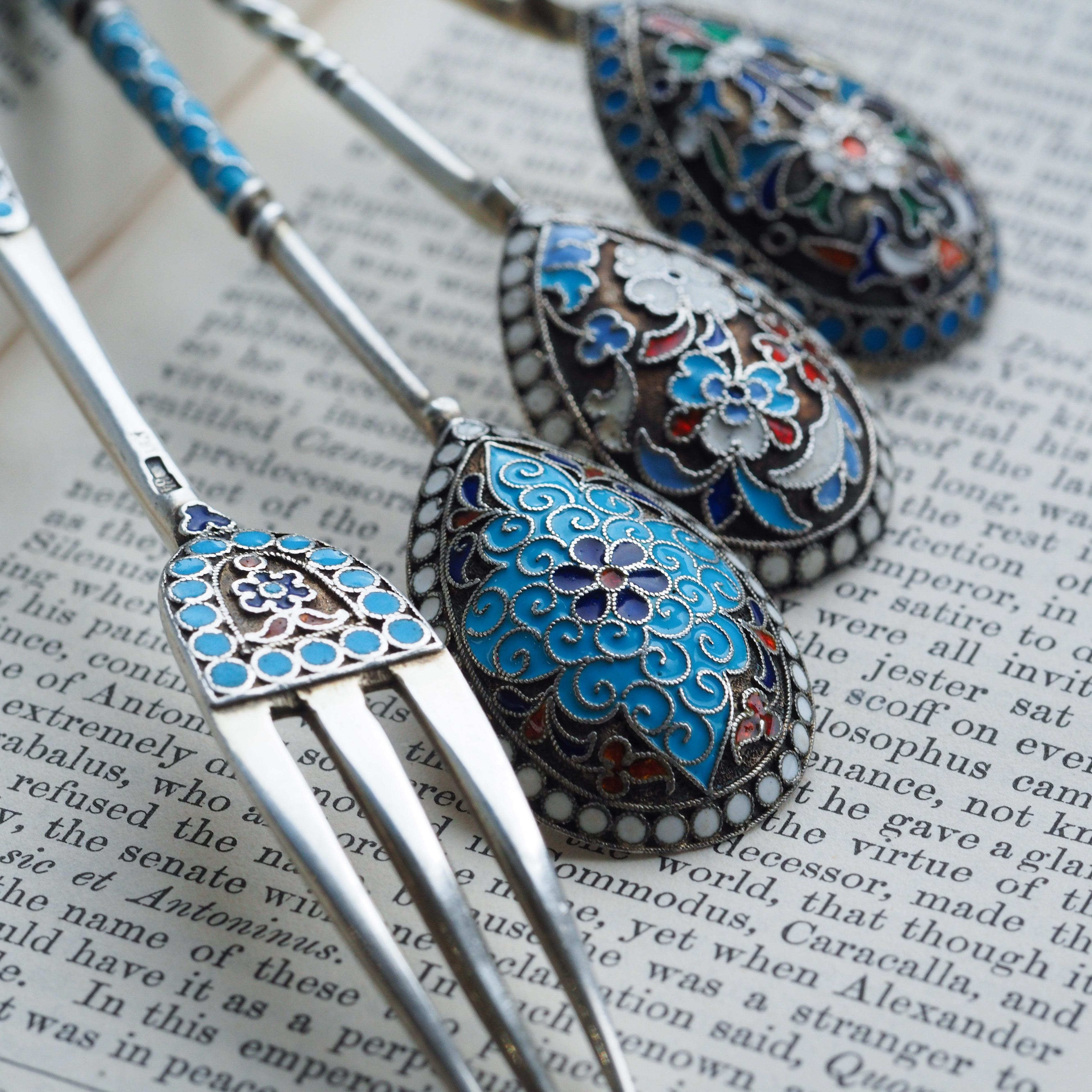 Antique Russian Silver Enamel Cloisonne Spoons and Fork Set c.1890 For ...