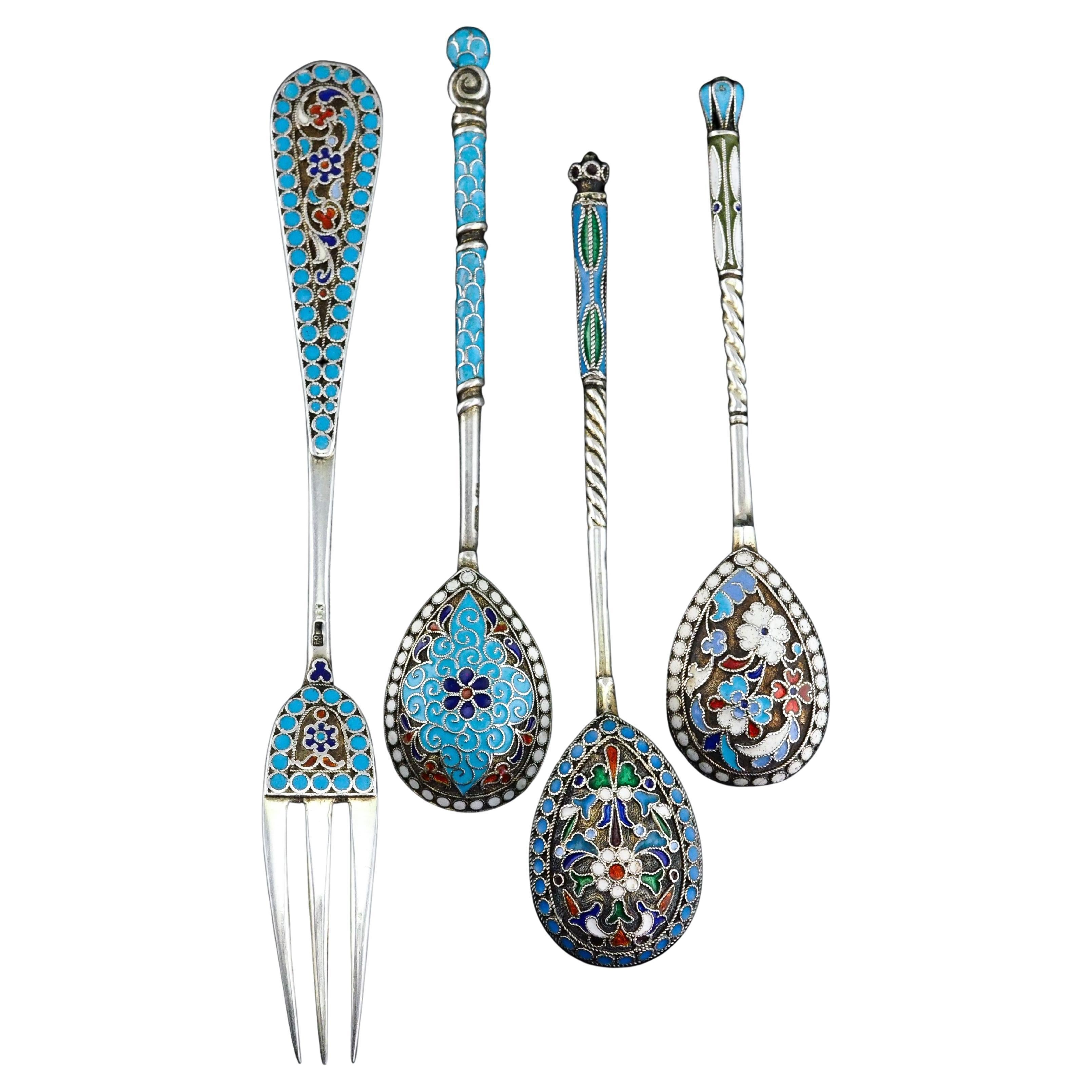 Antique Russian Silver Enamel Cloisonne Spoons and Fork Set c.1890