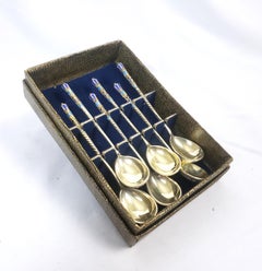 Antique Russian Silver & Enamel Spoon Set with Ornate Floral Motif