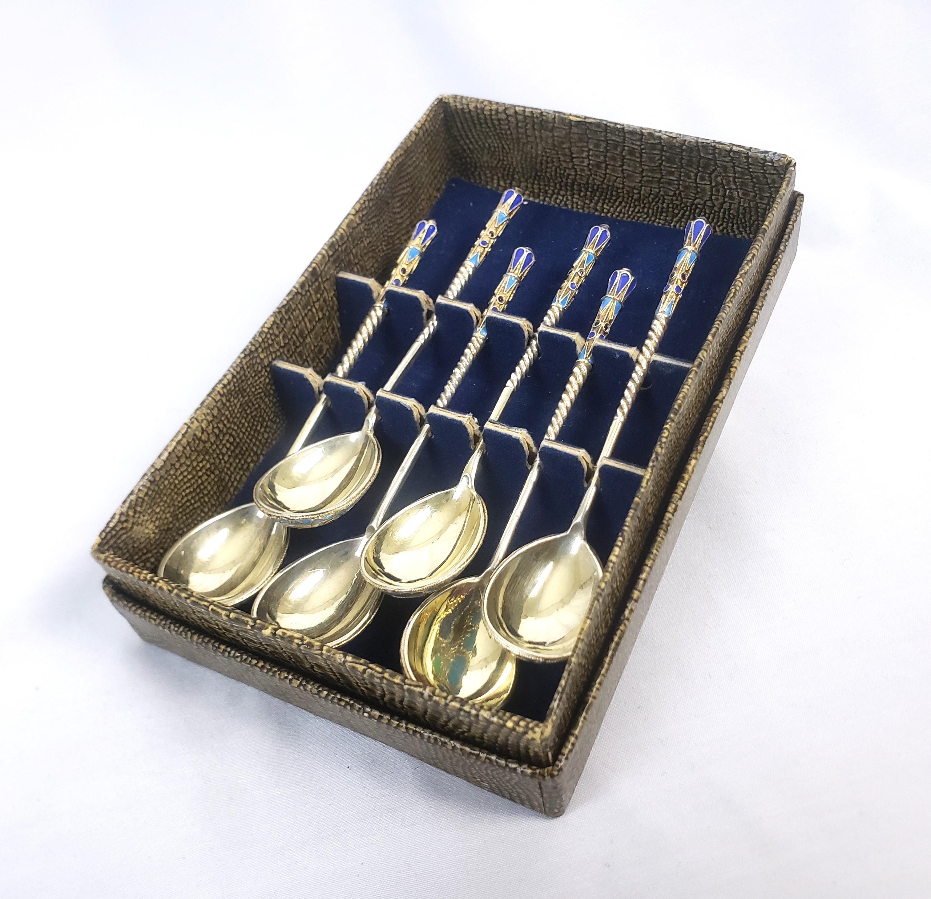 High Victorian Antique Russian Silver & Enamel Spoon Set with Ornate Floral Motif For Sale