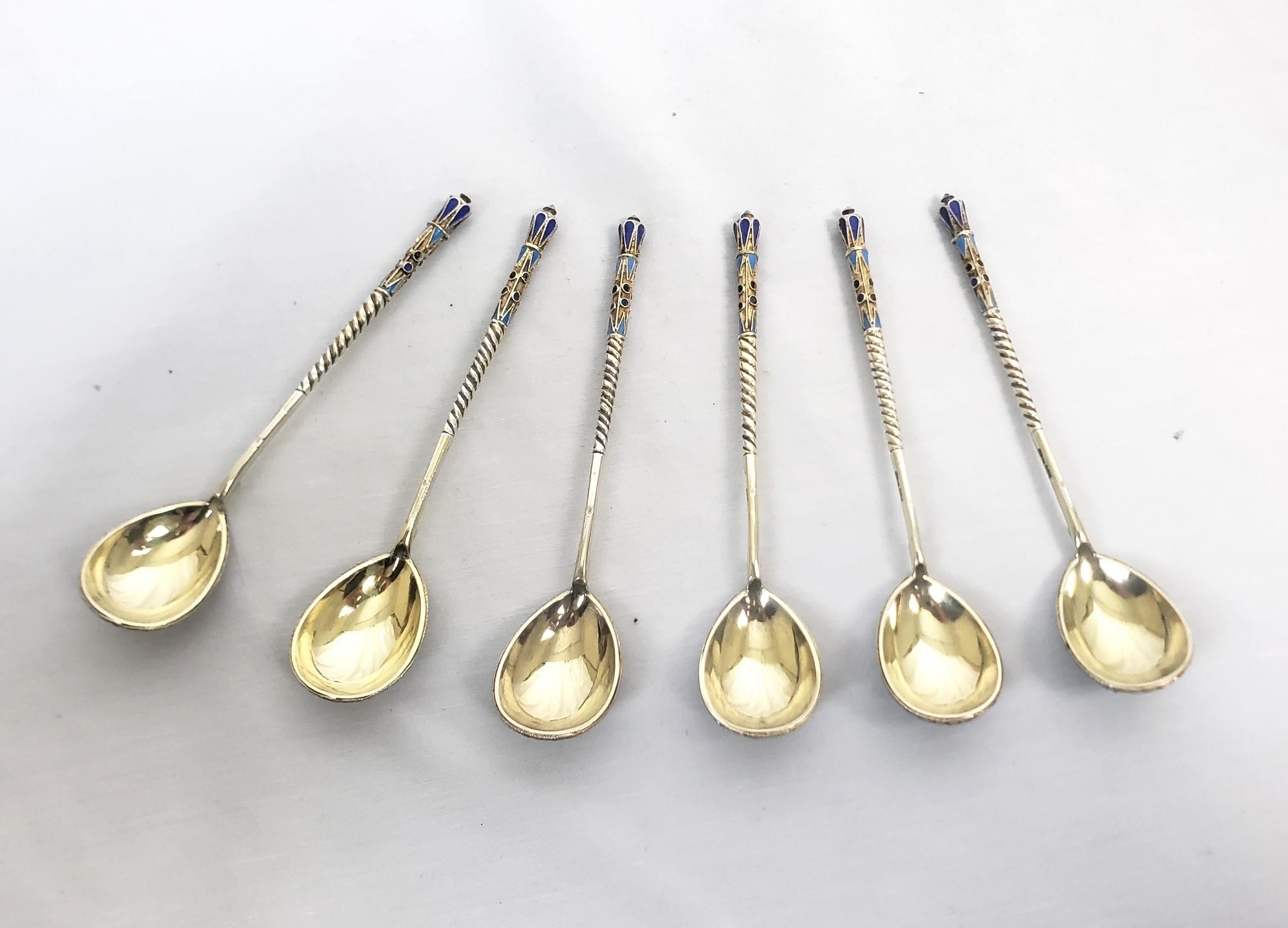 Enameled Antique Russian Silver & Enamel Spoon Set with Ornate Floral Motif For Sale