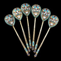 Antique Russian Silver Enamel Spoons Cloisonne Set of 6 - Dmitrii Nikolaevich