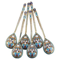 Antique Russian Silver Enamel Spoons Cloisonne Set of 6 - Dmitrii Nikolaevich