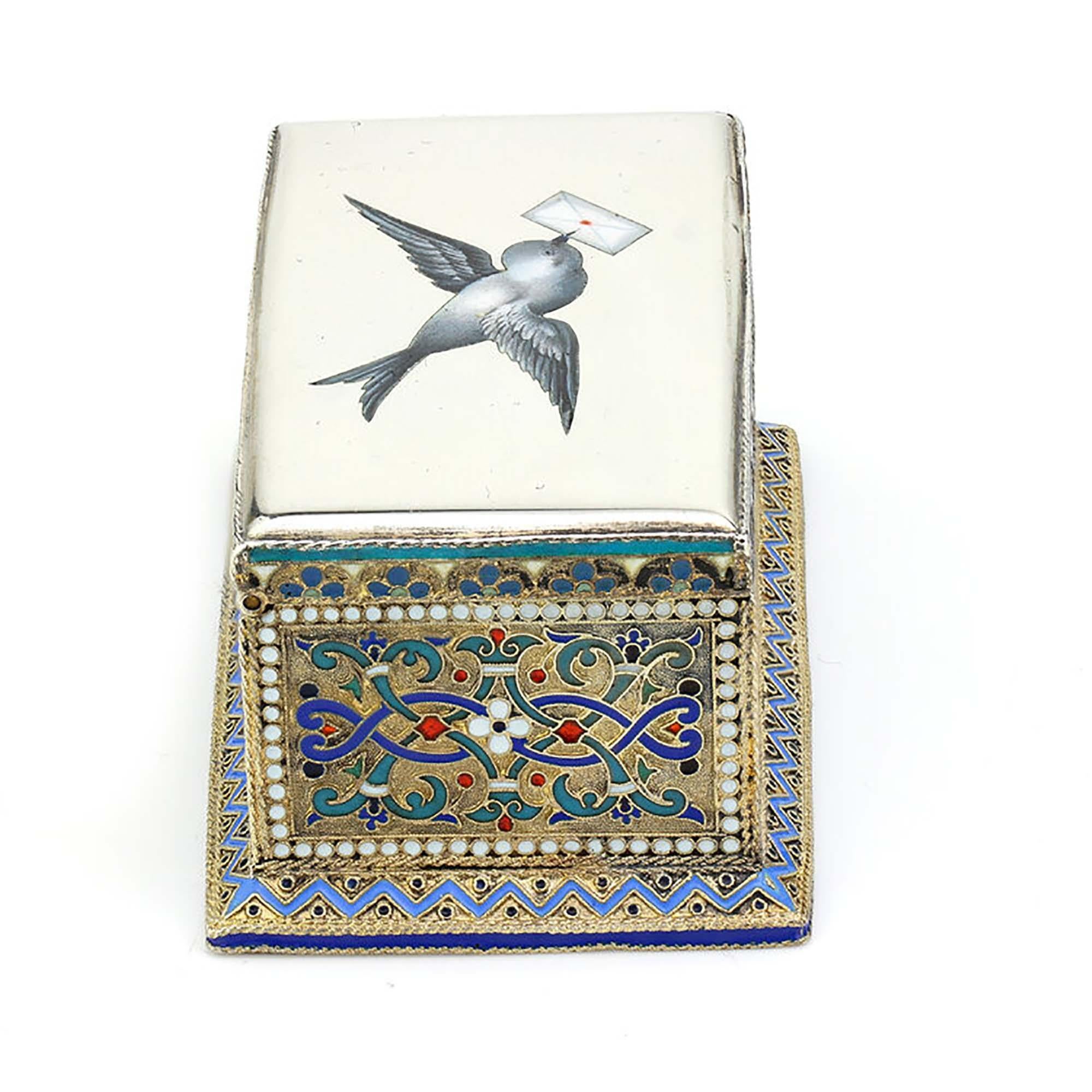 Enameled Antique Russian Silver Enamel Stamp Box