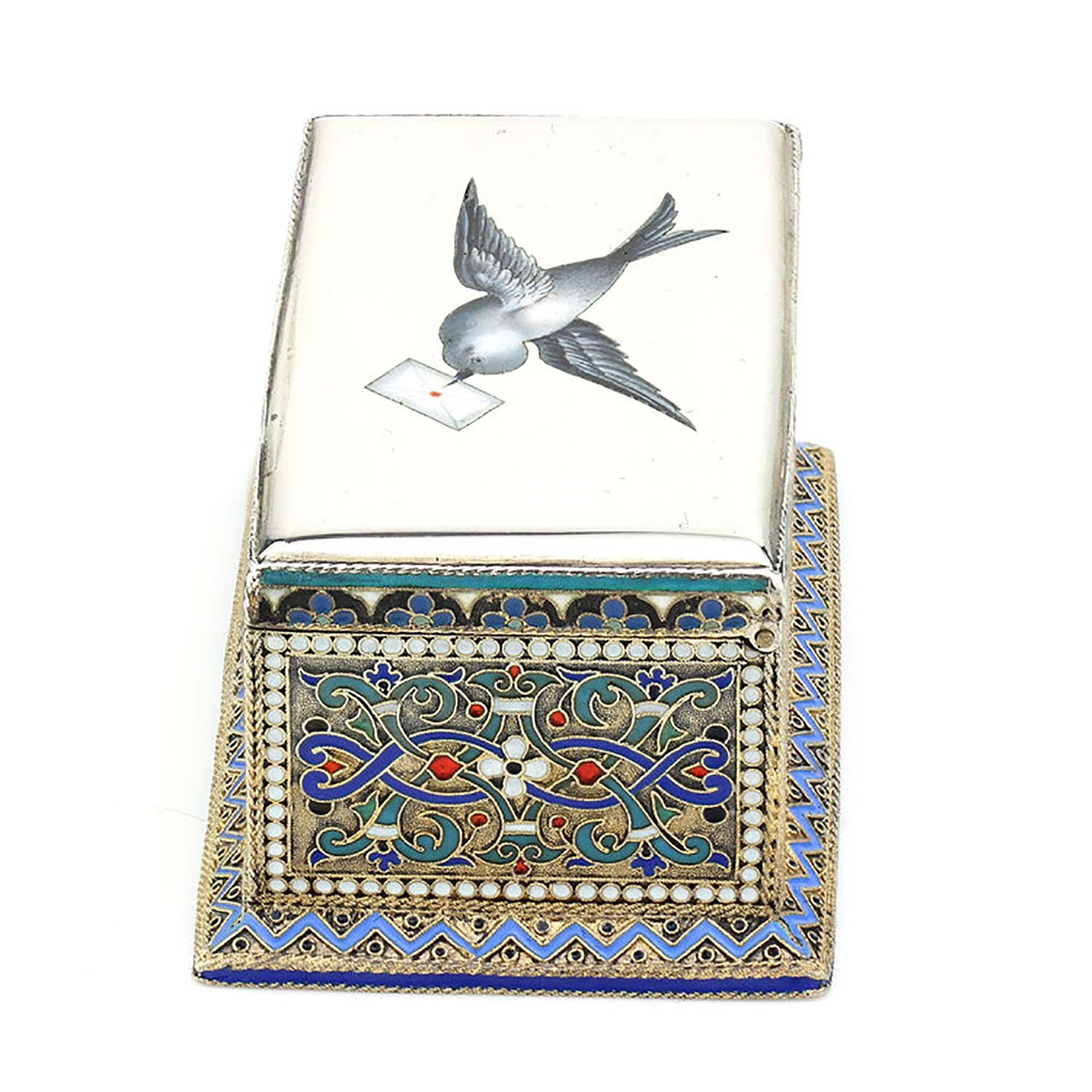 Antique Russian Silver Enamel Stamp Box In Good Condition In Braintree, GB