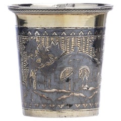 Antique Russian silver gilt and Niello enamel beaker decorated with city view