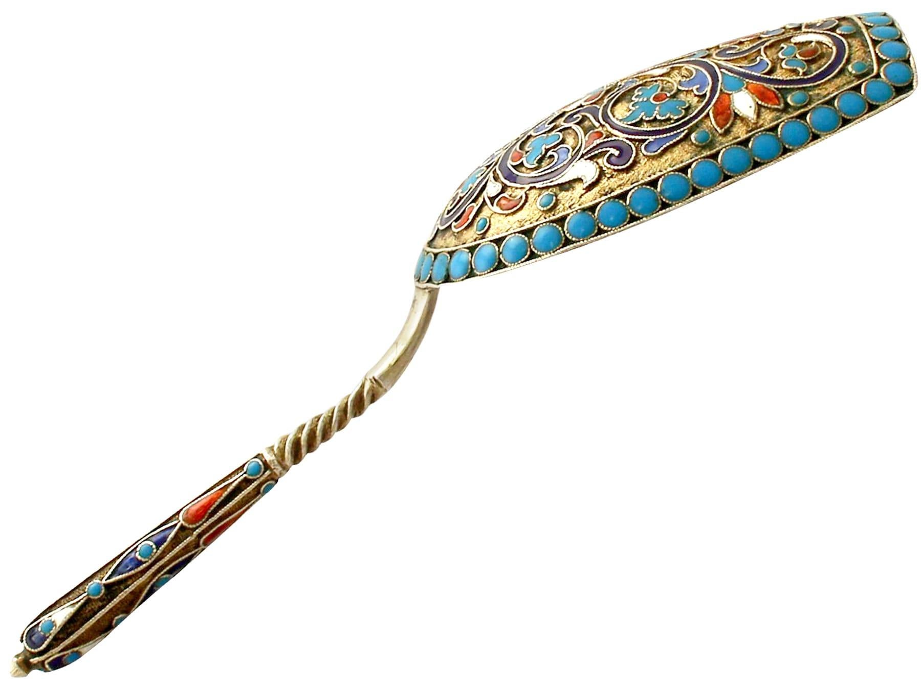 Cloissoné Antique Russian Silver Gilt and Polychrome Cloisonné Enamel Caddy Spoon