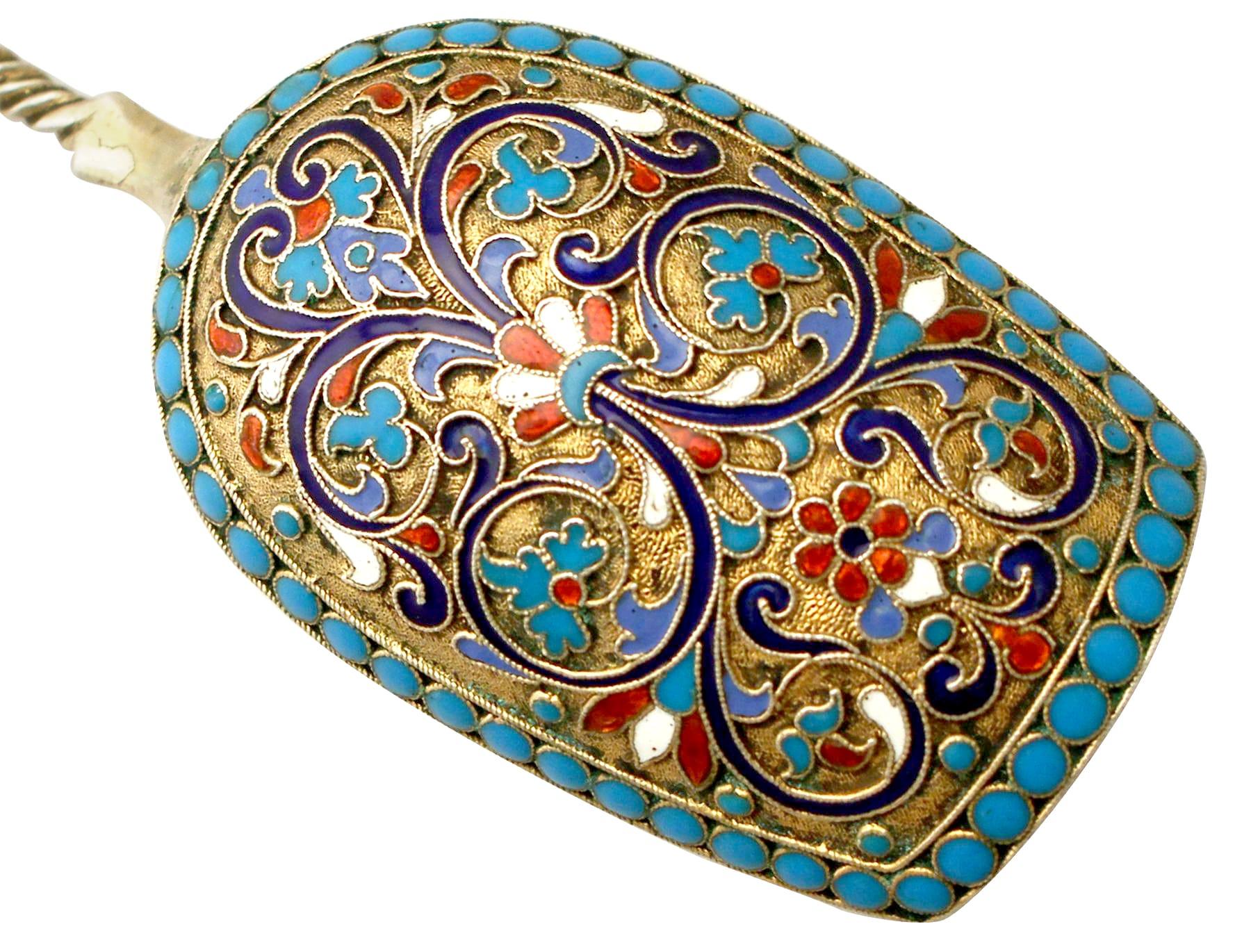 Antique Russian Silver Gilt and Polychrome Cloisonné Enamel Caddy Spoon 1