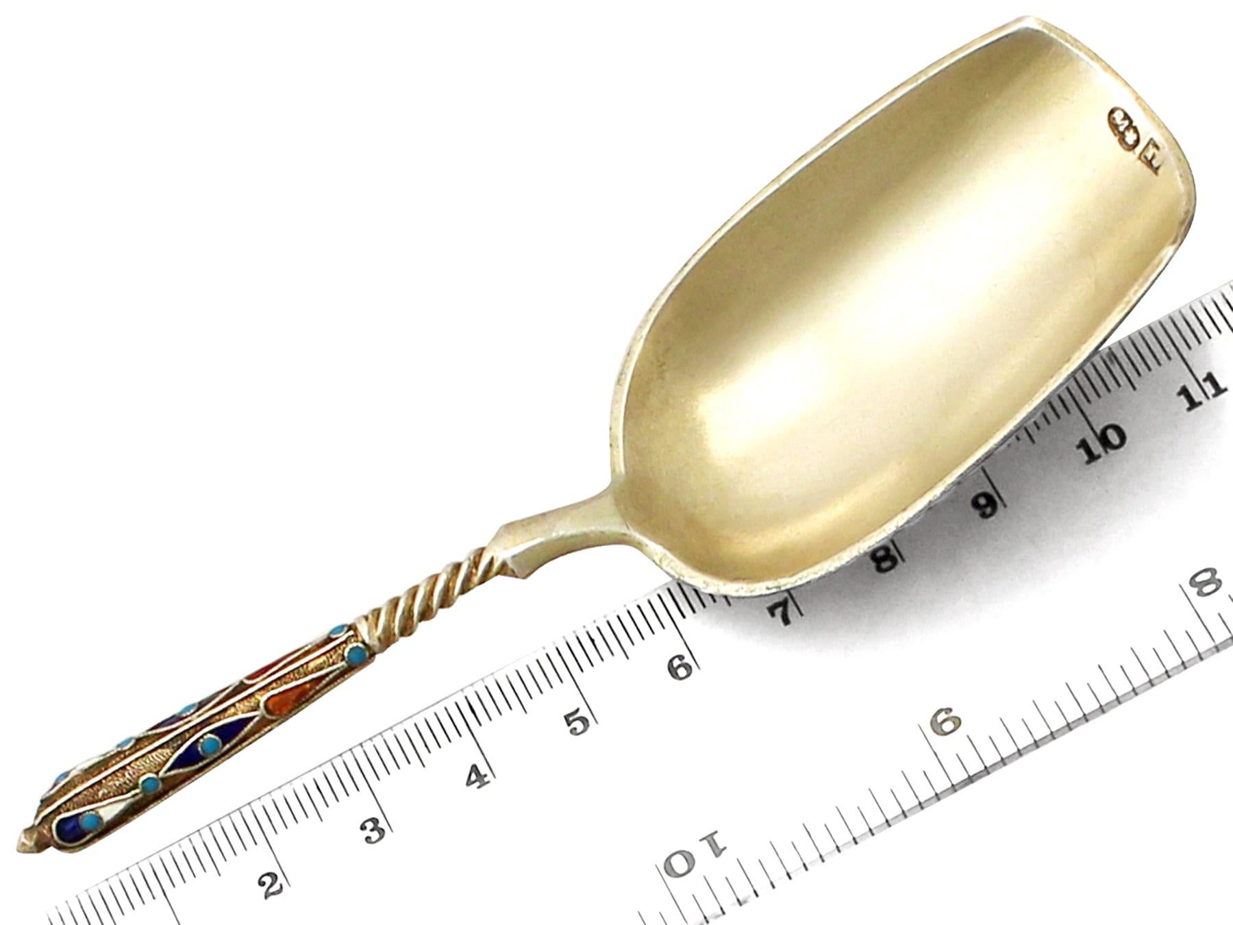 Antique Russian Silver Gilt and Polychrome Cloisonné Enamel Caddy Spoon 4