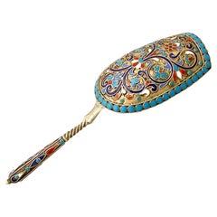 Antique Russian Silver Gilt and Polychrome Cloisonné Enamel Caddy Spoon