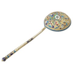 Antique Russian Silver Gilt and Polychrome Cloisonné Enamel Spoon