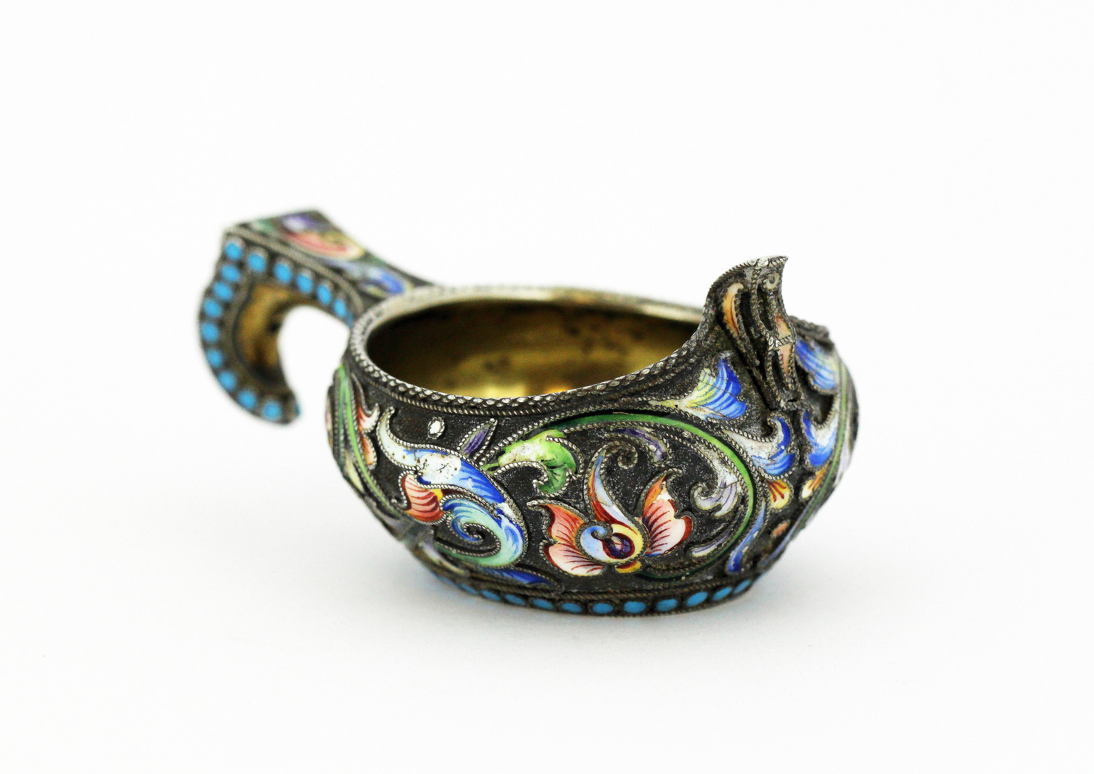 Antique Russian silver-gilt & cloisonné enamel miniature kovsh.
Made in Russia, Moscow, circa 1896
Maker : Possibly Ivan Saltykov ( Mark Partially Worn Off)
Russian standard Zolotnick 84 / 875 silver.

Dimensions -
Size : 6.5 x 4.3 x 3