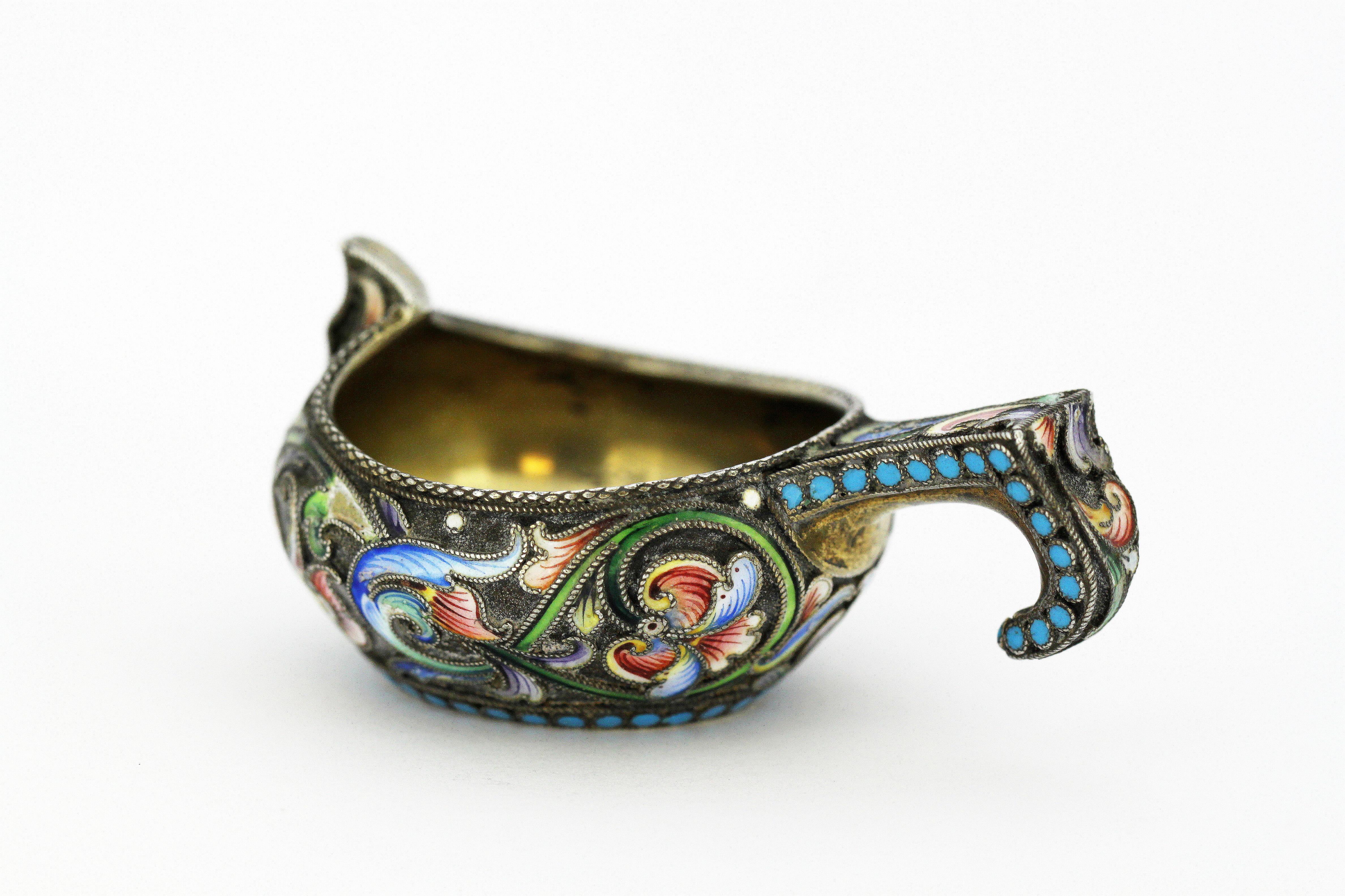 Late 19th Century Russian Silver-Gilt & Cloisonné Enamel Miniature Kovsh, Moscow, circa 1896