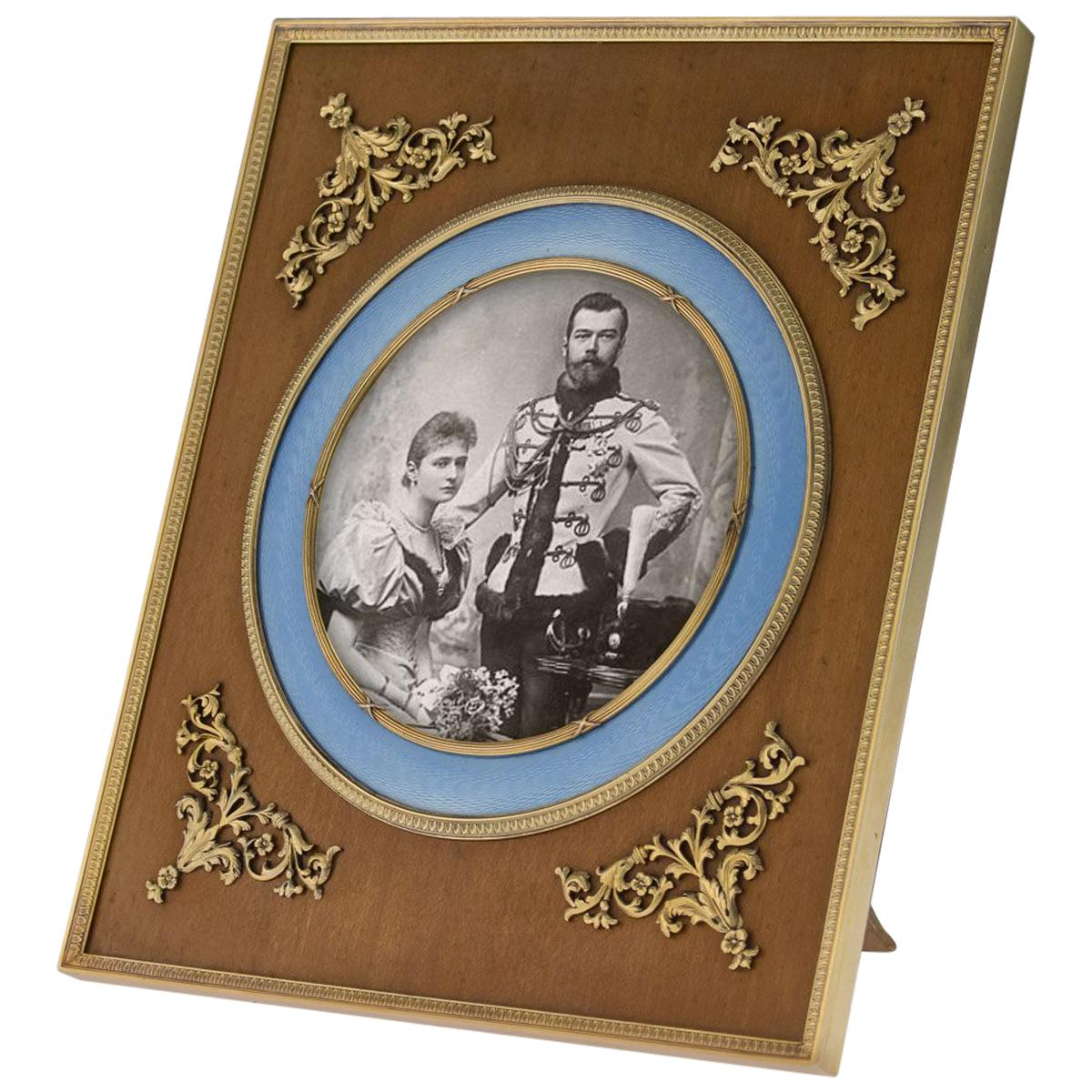 Antique Russian Silver-Gilt, Enamel and Wood Photo Frame, 3rd Artel, circa 1910