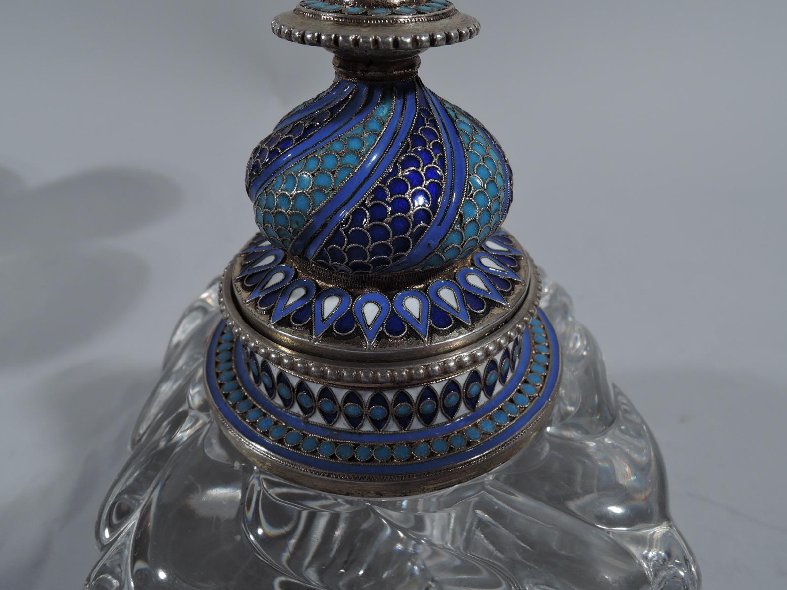 Aesthetic Movement Antique Russian Silver Gilt, Enamel & Carved Glass Inkwell