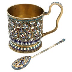 Antique Russian Silver Gilt & Enamel Cup and Spoon circa 1899 Tea Cup Teaspoon