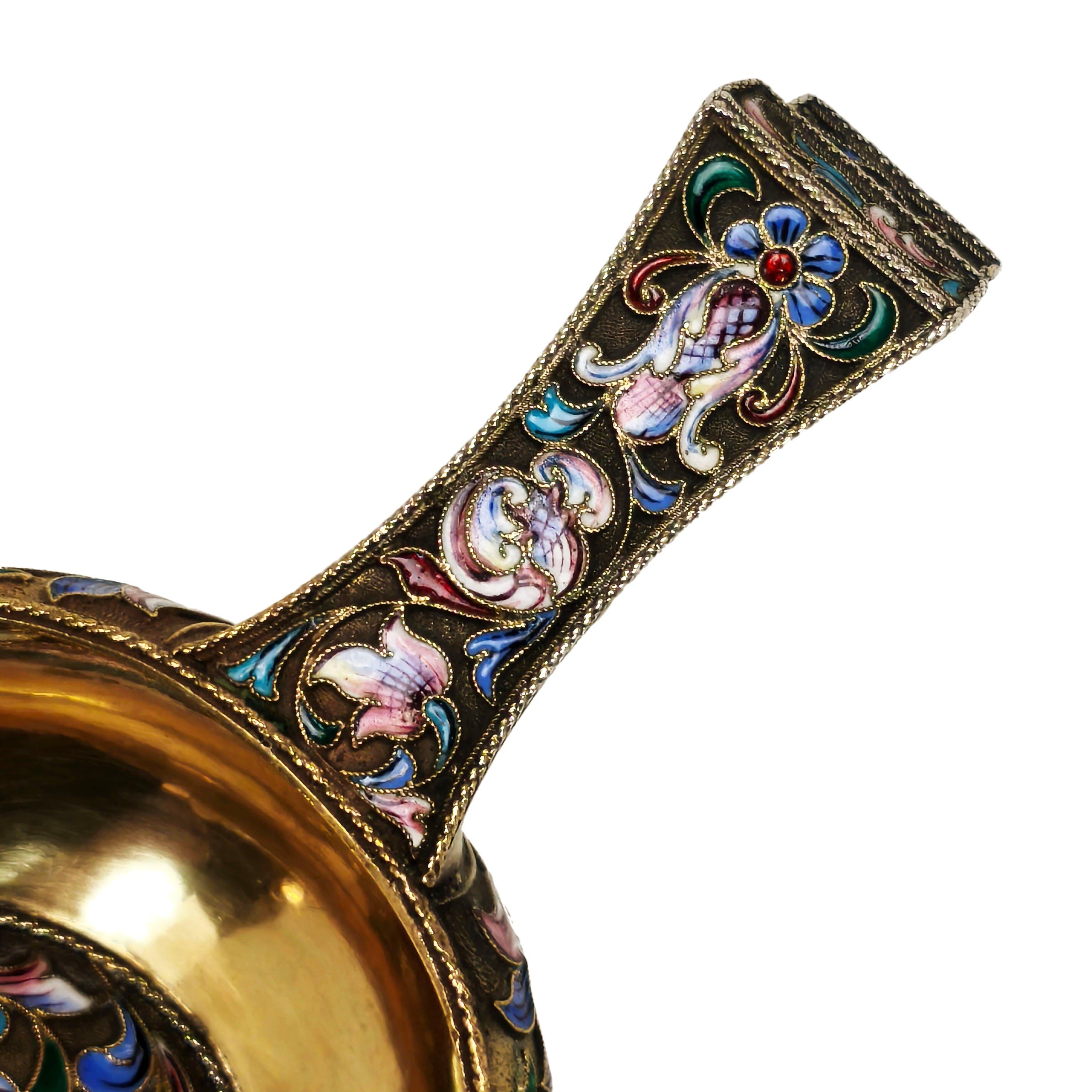 Antique Russian Silver Gilt & Enamel Kovsh c. 1900 For Sale 6