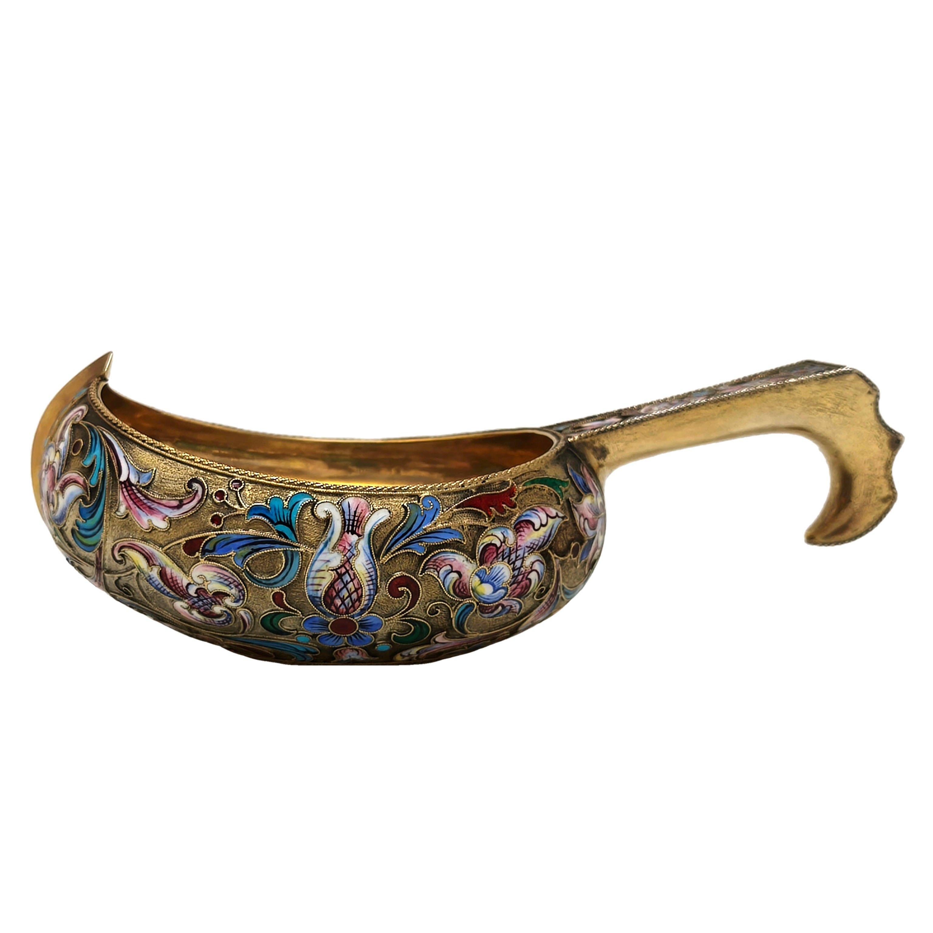 20th Century Antique Russian Silver Gilt & Enamel Kovsh c. 1900 For Sale