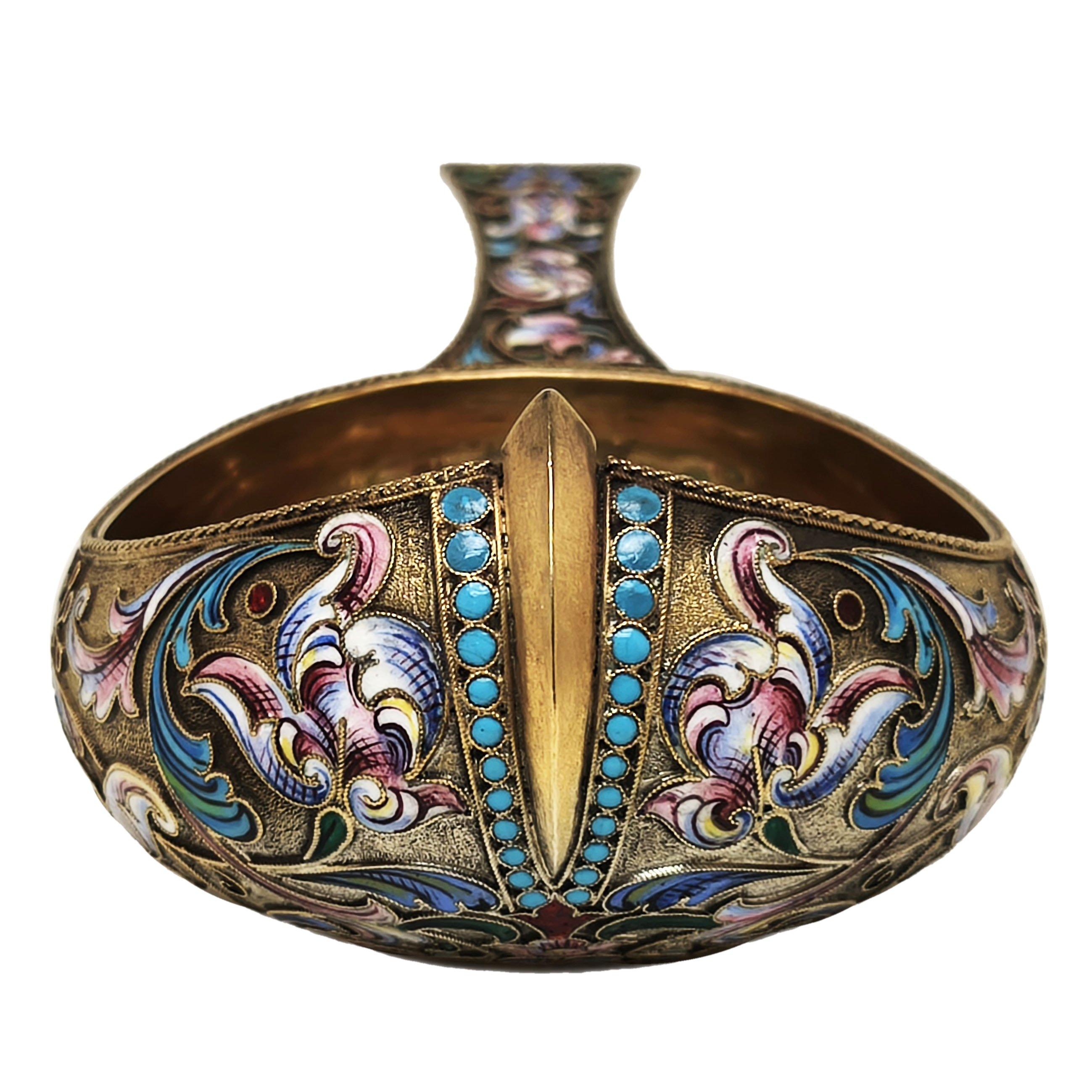 Antique Russian Silver Gilt & Enamel Kovsh c. 1900 For Sale 1