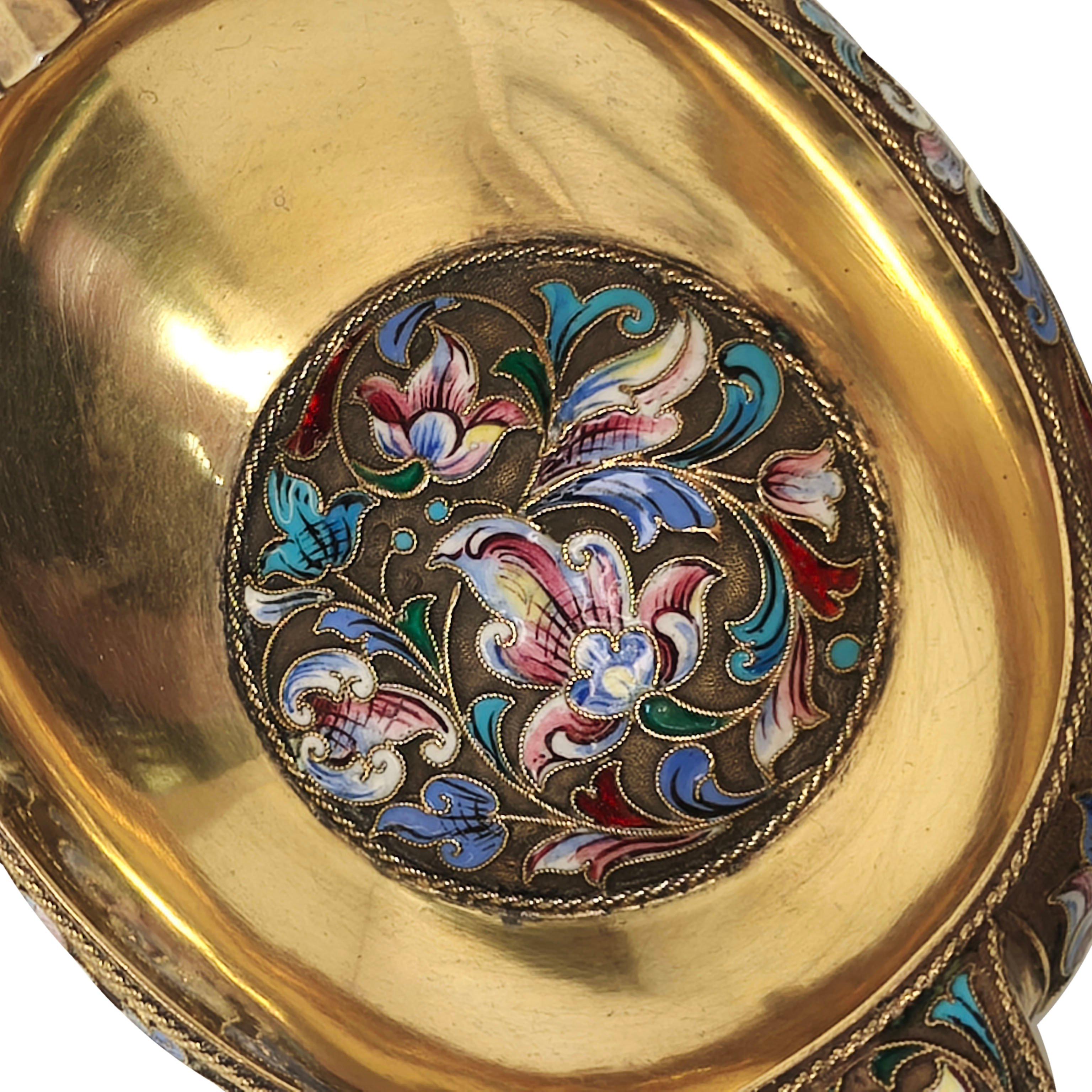 Antique Russian Silver Gilt & Enamel Kovsh c. 1900 For Sale 3