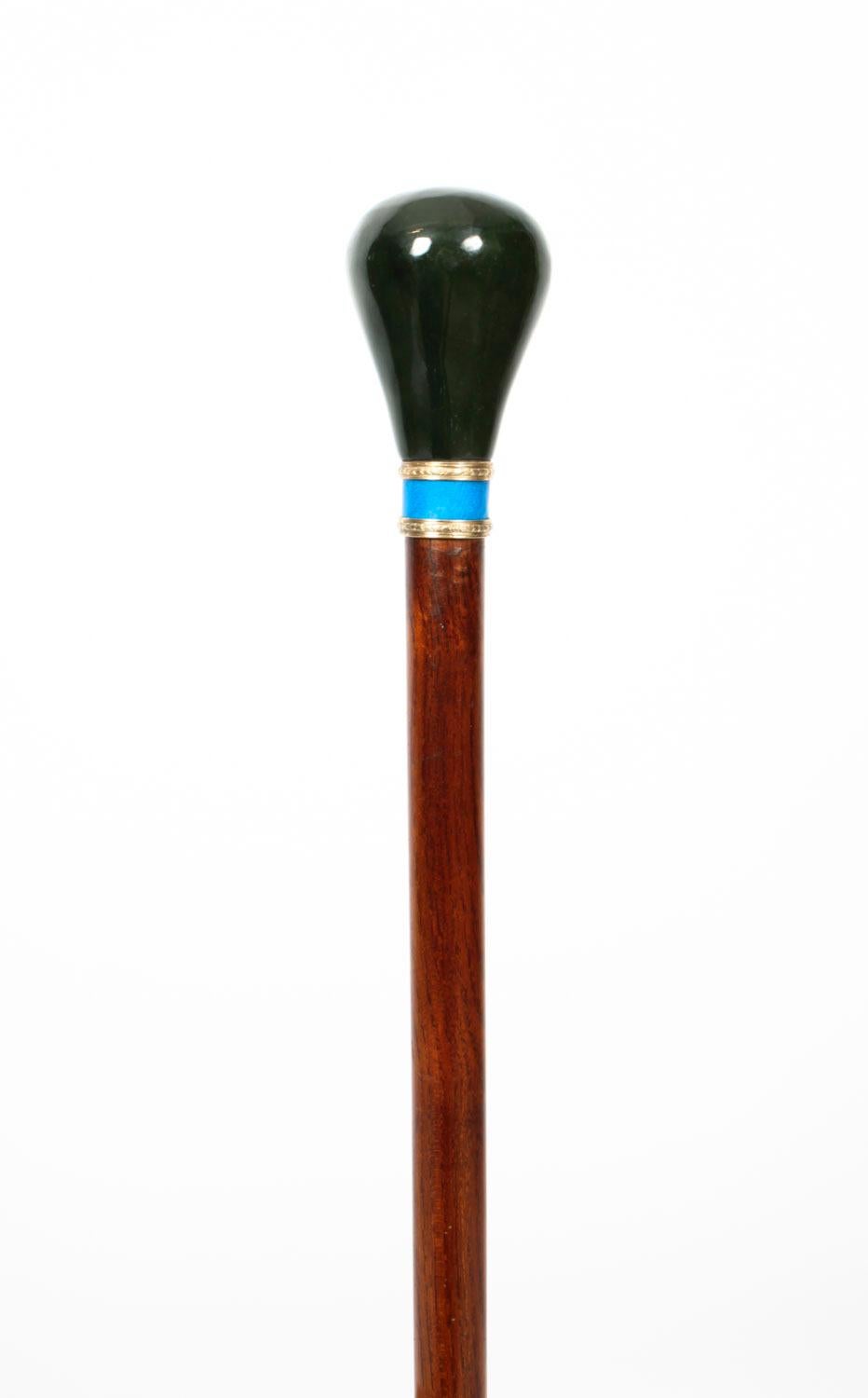 European Antique Russian Silver Gilt & Jade Enamel Walking Stick Cane 19th Century