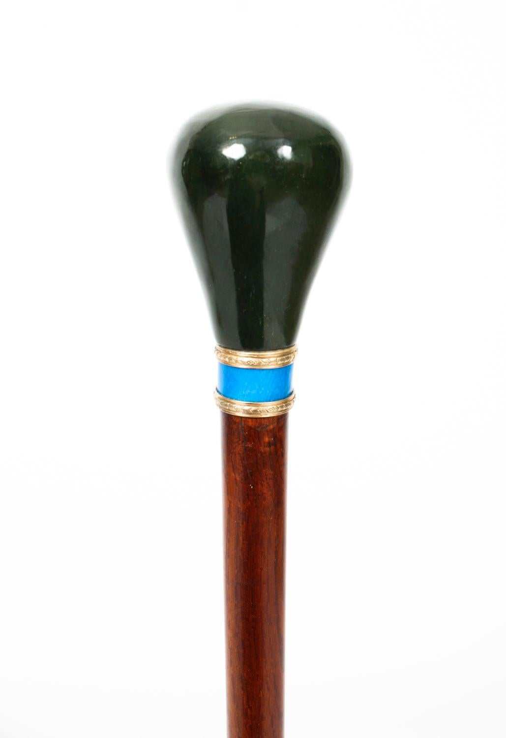 Antique Russian Silver Gilt & Jade Enamel Walking Stick Cane 19th Century In Good Condition In London, GB