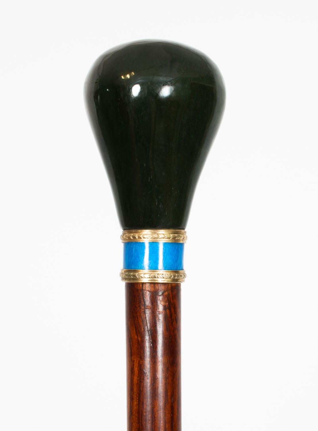 Antique Russian Silver Gilt & Jade Enamel Walking Stick Cane 19th Century 1