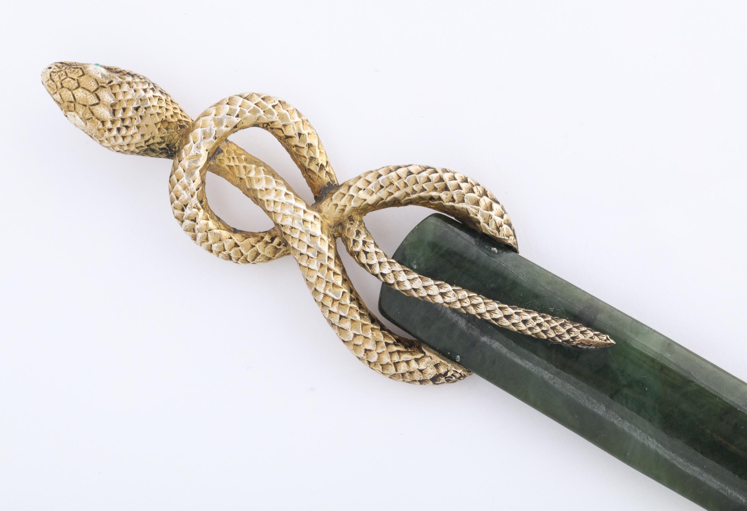 Antique Russian silver-gilt mounted snake handled nephrite jade letter opener.

Marked with silver head and 88 silver mark.

Good condition. Good quality.

Measures: 9