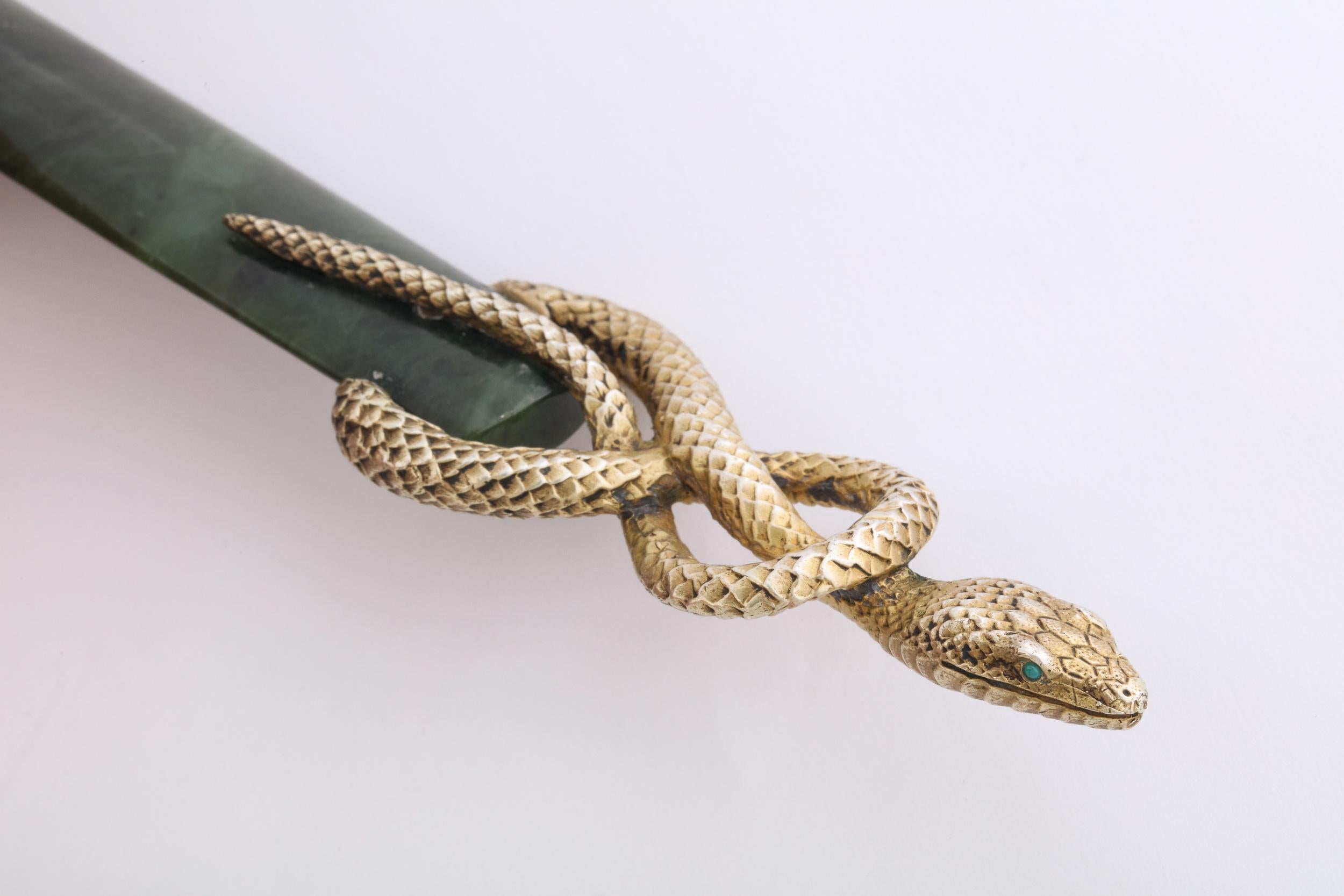 Antique Russian Silver-Gilt Mounted Snake Handled Nephrite Jade Letter Opener In Good Condition In New York, NY