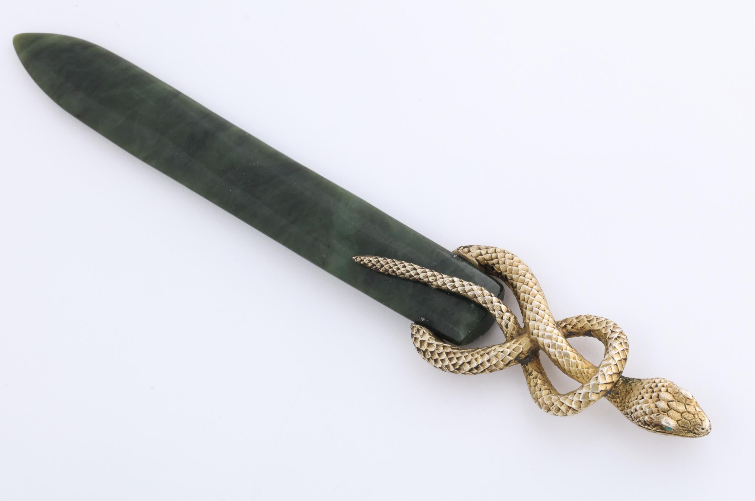 19th Century Antique Russian Silver-Gilt Mounted Snake Handled Nephrite Jade Letter Opener