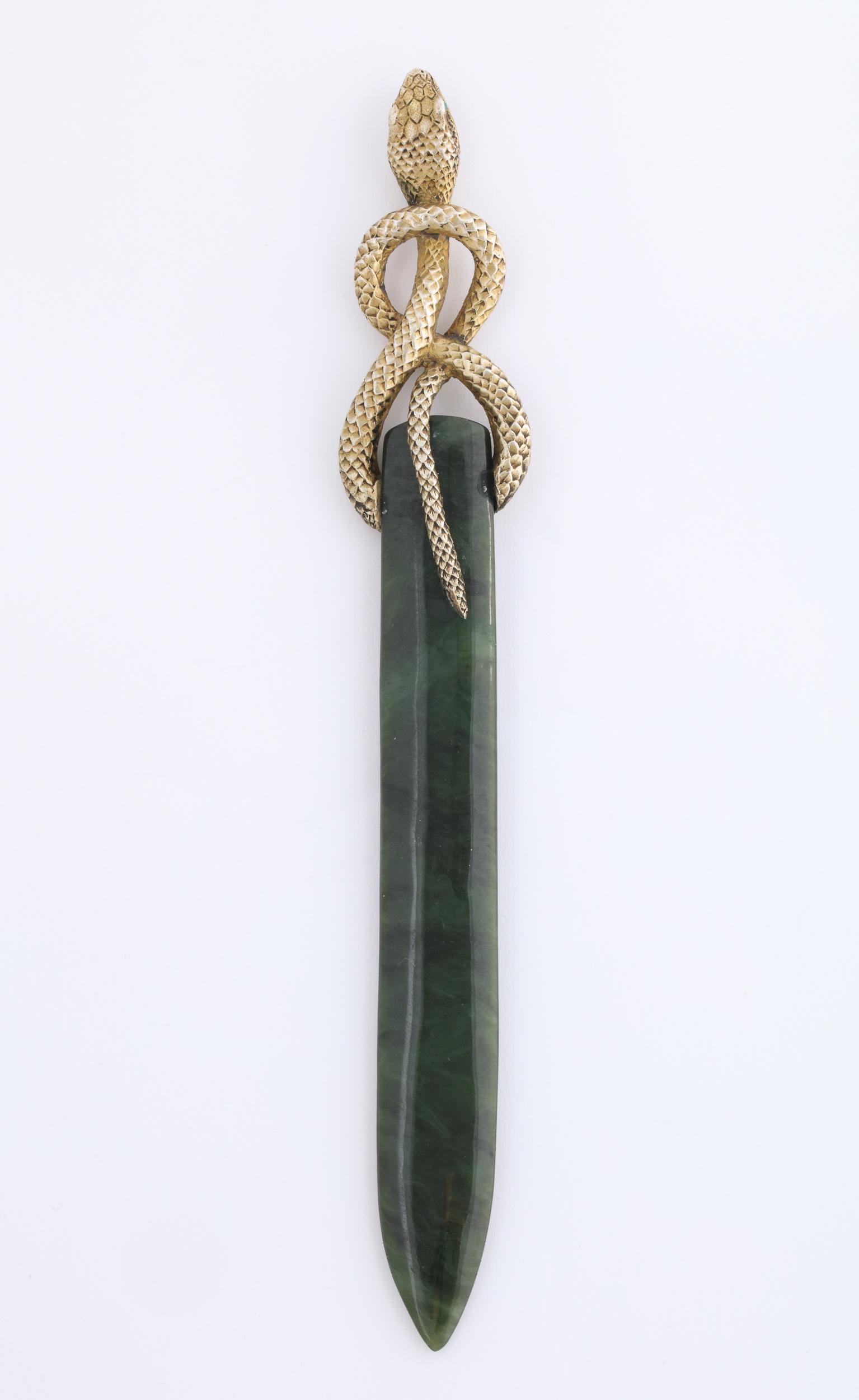 Antique Russian Silver-Gilt Mounted Snake Handled Nephrite Jade Letter Opener 2