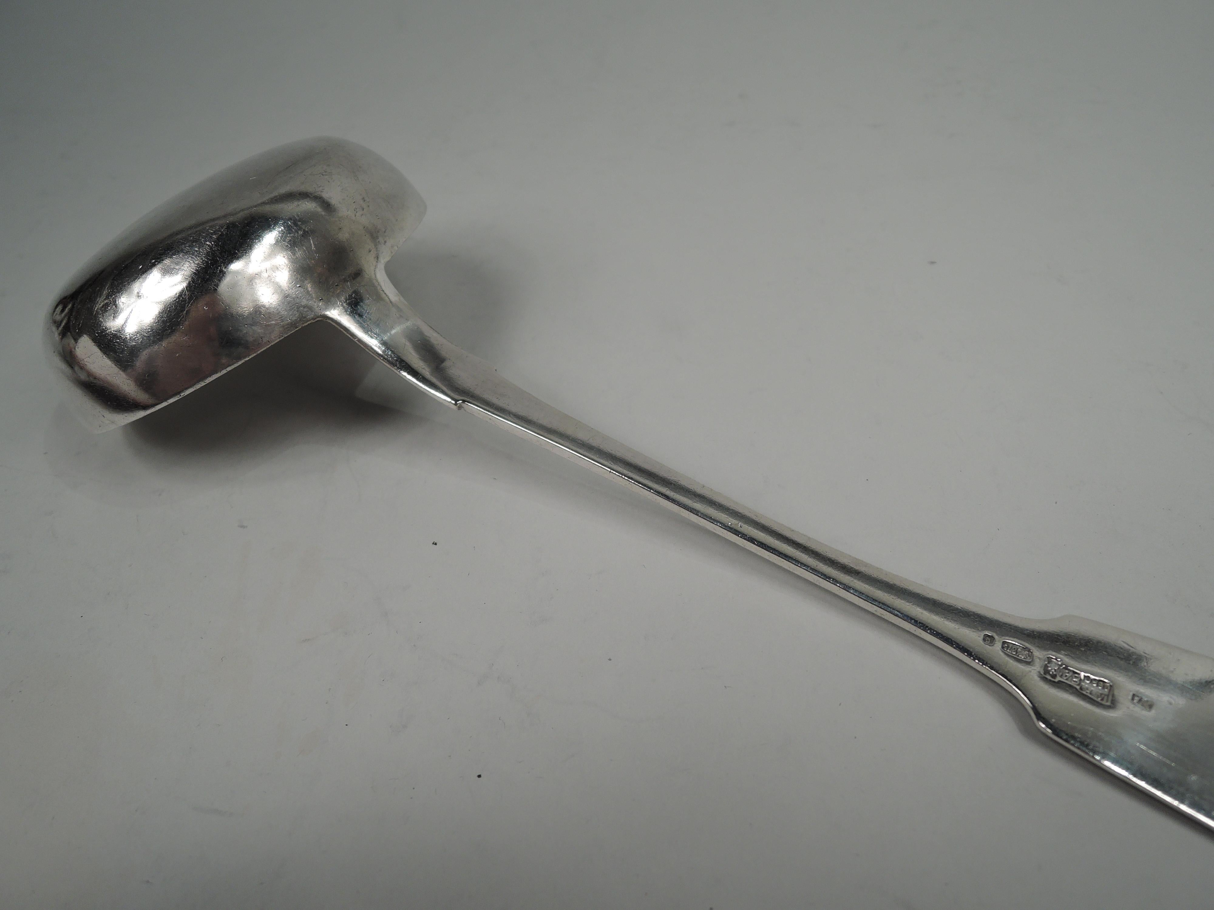 Russian 875 silver ladle, ca 1880. Oval bowl and fiddle terminal with engraved initials and year 1881. A nice serving piece from the twilight of tsarist Russia. Marks include maker’s (PA) stamp and Moscow assayer’s (Aleksandr Nicolayevich Krollau)