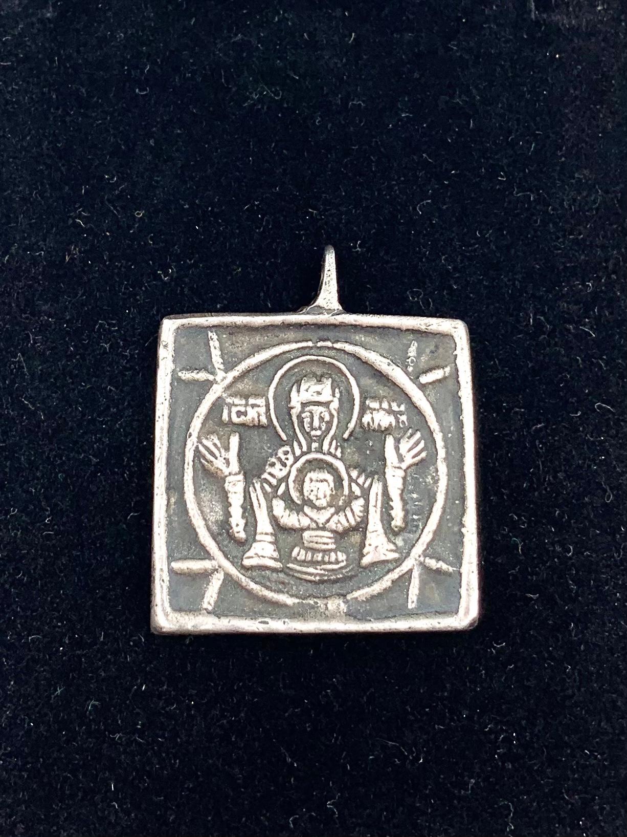 Antique Russian Silver Travel Icon Pendant of Our Lady of the Sign, Panagia For Sale 1