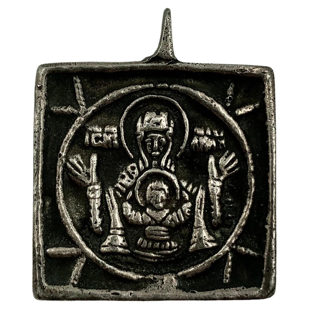 Antique Russian Silver Travel Icon Pendant of Our Lady of the Sign, Panagia For Sale
