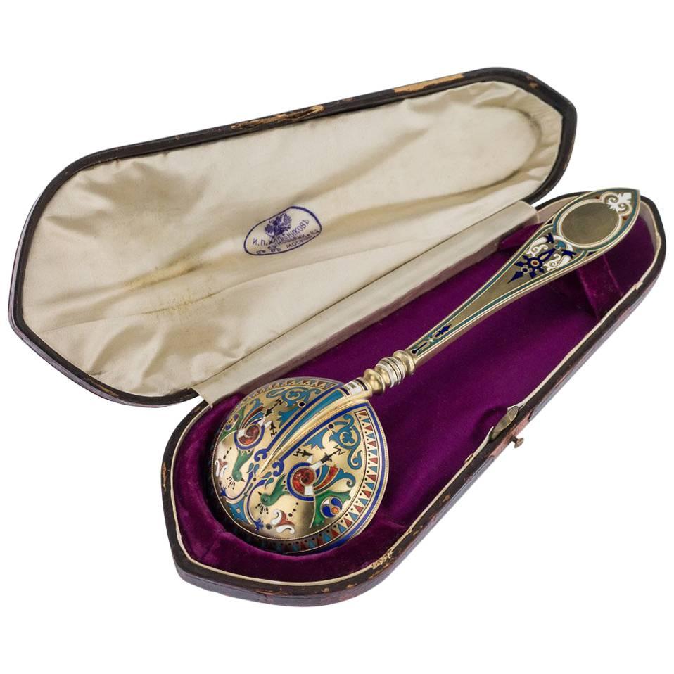 Antique Russian Solid Silver and Enamel Caviar Spoon, Khlebnikov, circa 1878