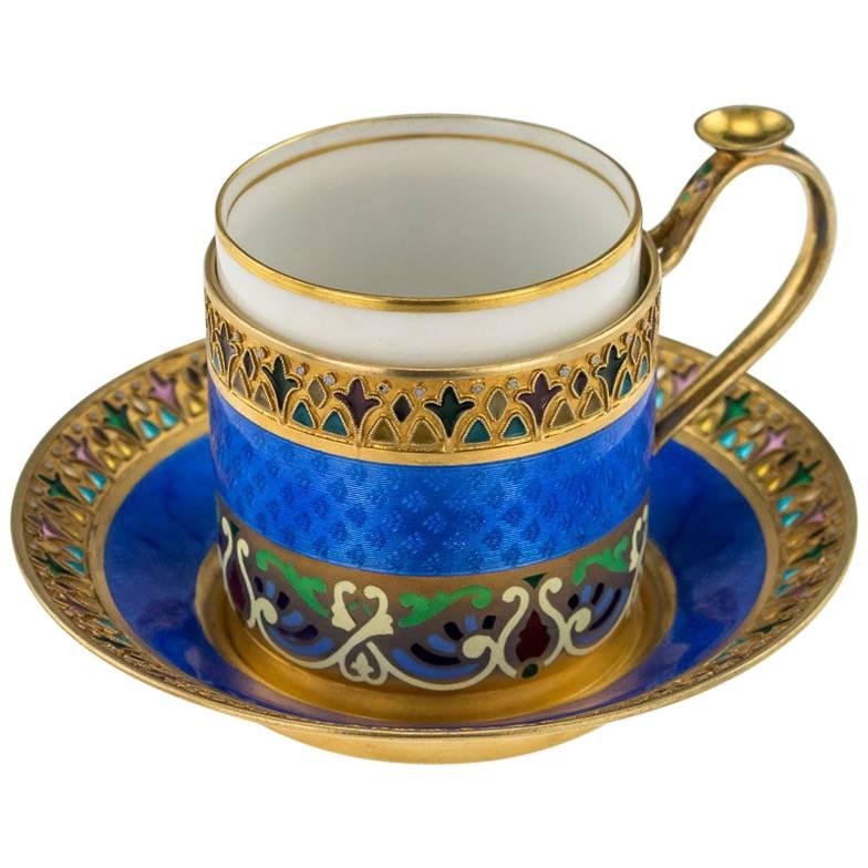 Antique Russian Solid Silver and Enamel Demitasse Cup and Saucer, circa 1890