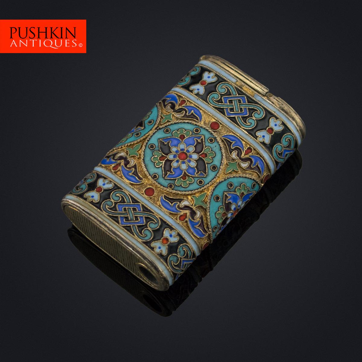 Description

Antique 20th century imperial Russian solid silver-gilt and cloisonne' enamel lighter case, decorated with stylized floral motifs in pastel enamels on a matted gilt ground with light blue boarders.

Hallmarked Russian silver 84 (875