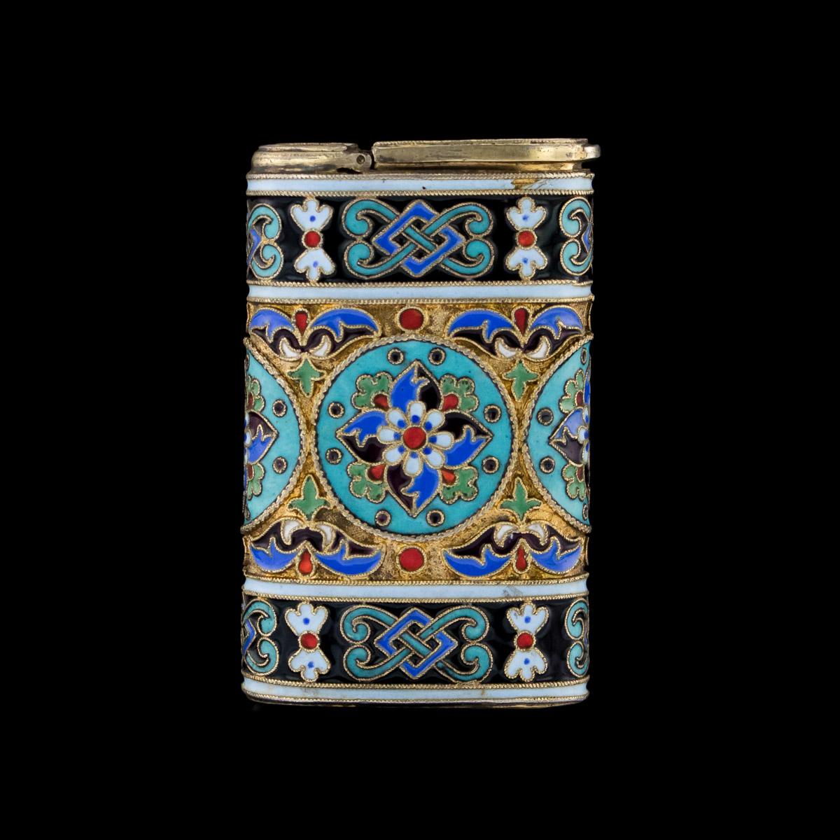 Antique Russian Solid Silver and Enamel Lighter, Pavel Ovchinnikov, circa 1900 In Excellent Condition In Royal Tunbridge Wells, Kent