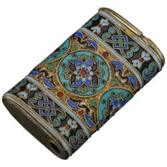 Antique Russian Solid Silver and Enamel Lighter, Pavel Ovchinnikov, circa 1900