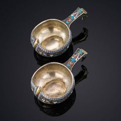 Antique Russian Solid Silver and Enamel Pair of Kovsh, Moscow, circa 1895