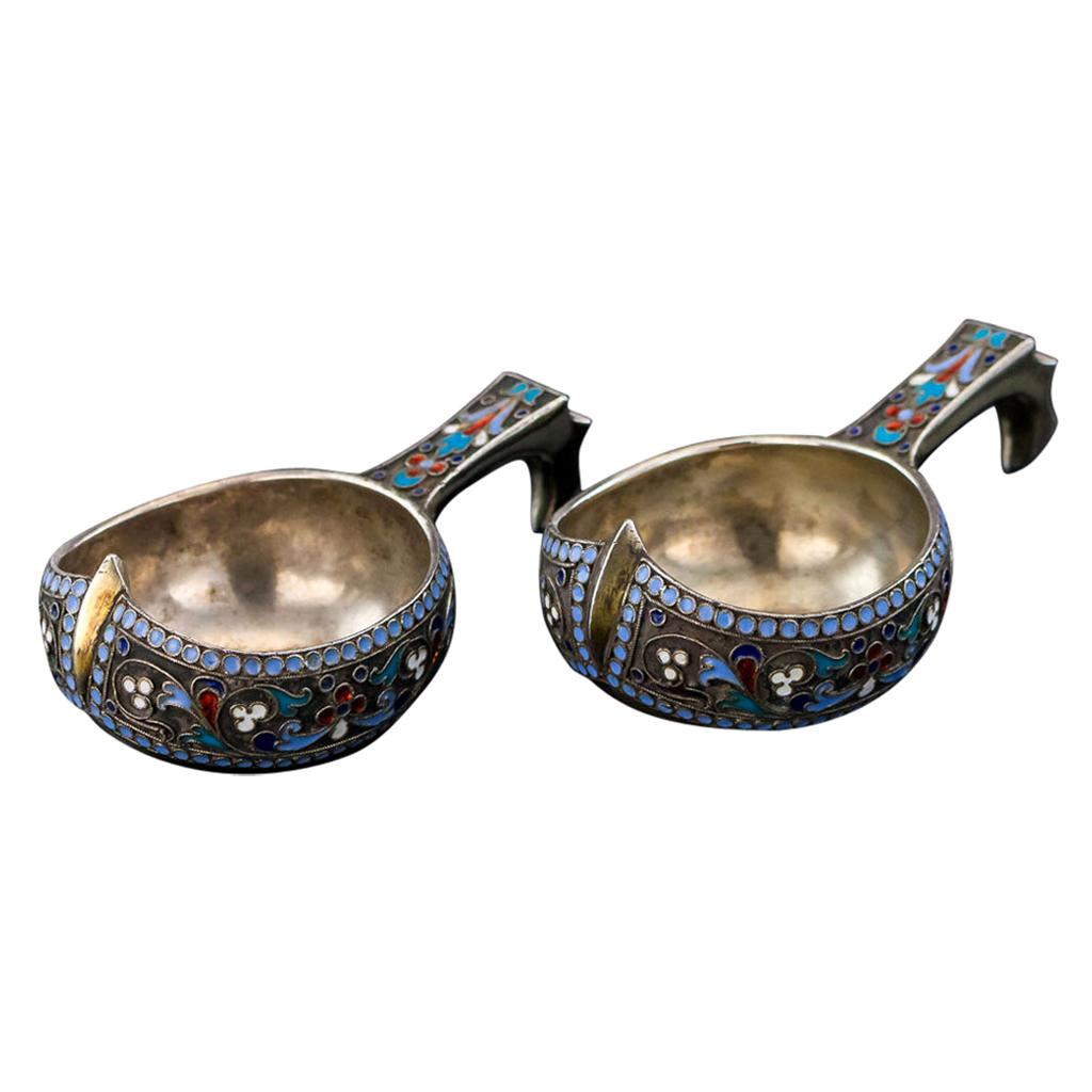 Antique Russian Solid Silver and Enamel Pair of Kovsh, Moscow, circa 1895