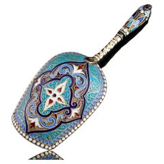 Antique Russian Solid Silver Caddy Spoon Cloisonne Enamel - Gustav Klingert 1891