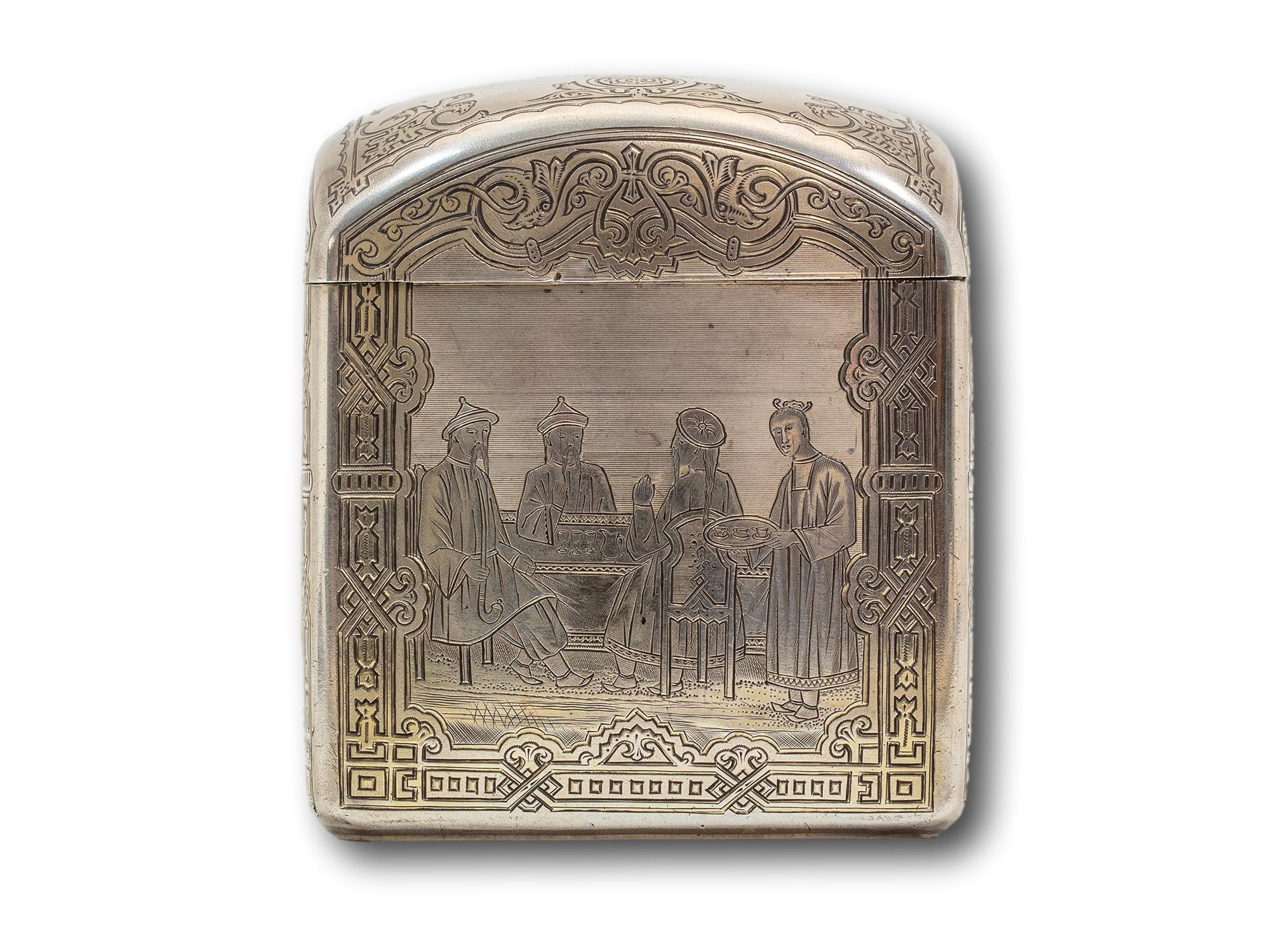 Rare Form with Chinoiserie Figures 

From our Tea Caddy collection, we are delighted to introduce to the market this rare example Russian Silver Chinoiserie Tea Caddy. The Tea Caddy of square form with rounded corners is cast in solid Russian silver