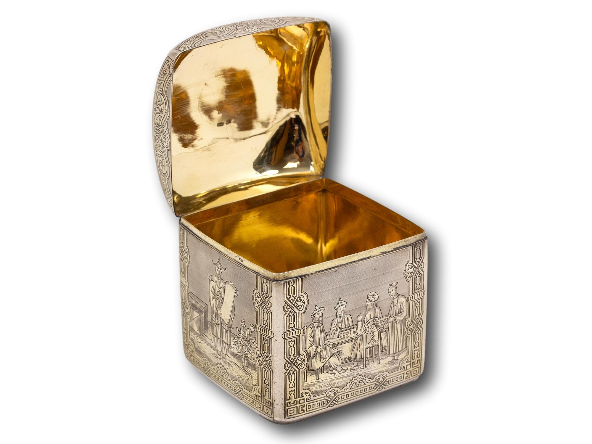 Antique Russian Solid Silver Chinoiserie Tea Caddy For Sale 3