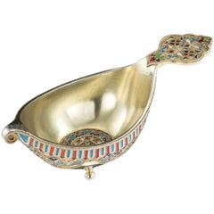 Antique Russian Solid Silver-Gilt and Enamel Kovsh, Khlebnikov, circa 1874
