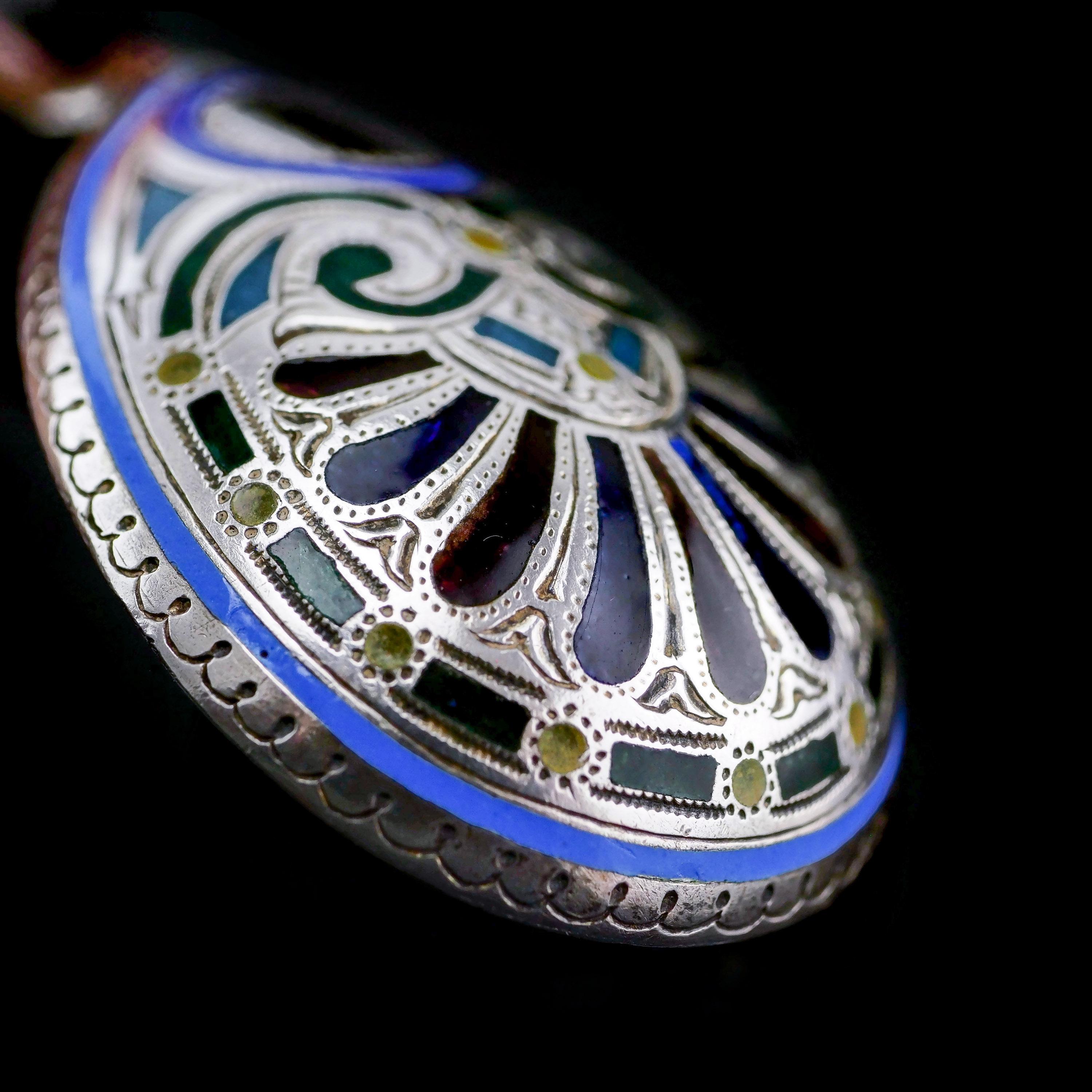Antique Russian Solid Silver Plique a Jour Champleve Enamel Spoon 6